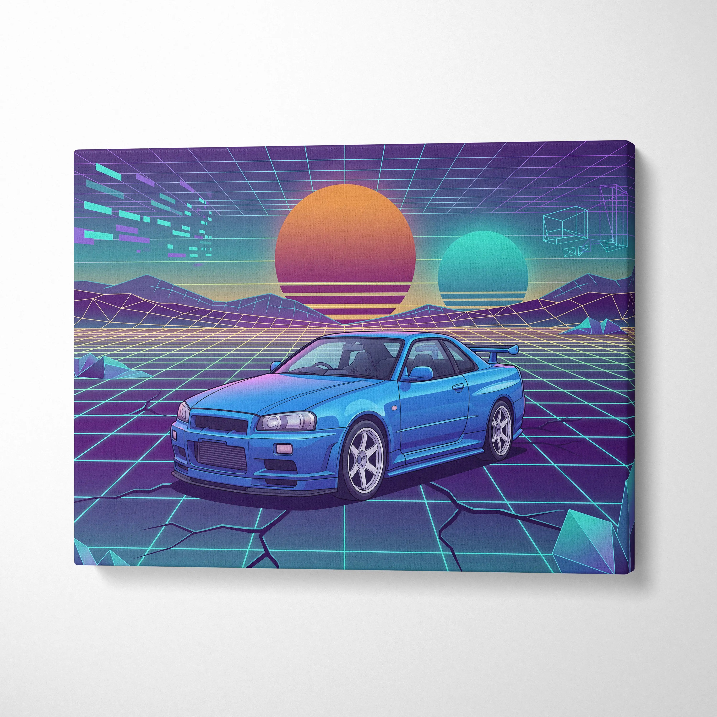 Nissan Skyline GT-R R34 Inspired Blue Purple Canvas Wall Art Vaporwave Neon Grid JDM Car Artwork, Retro Sunset Garage Decor