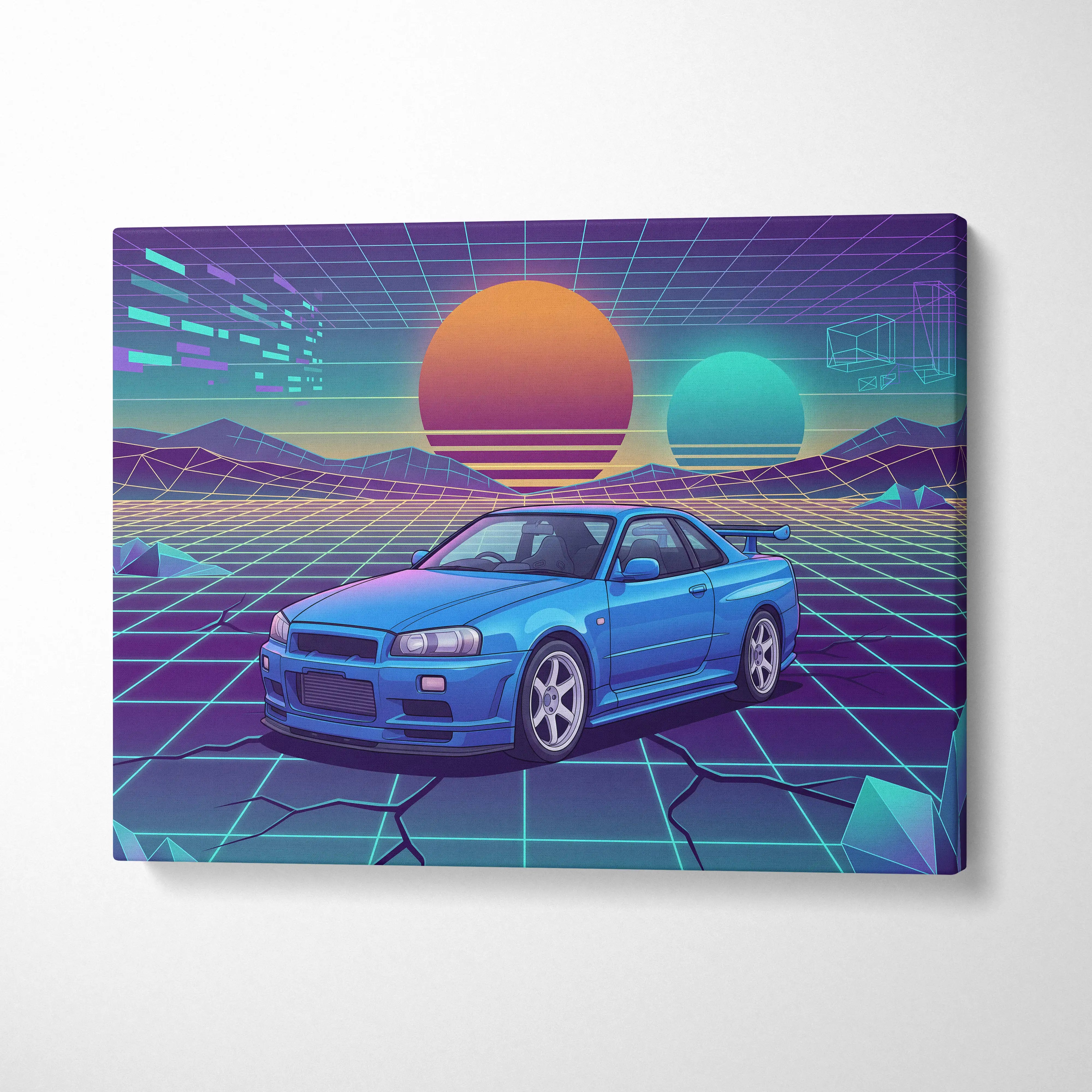 Nissan Skyline GT-R R34 Inspired Blue Purple Canvas Wall Art Vaporwave Neon Grid JDM Car Artwork, Retro Sunset Garage Decor