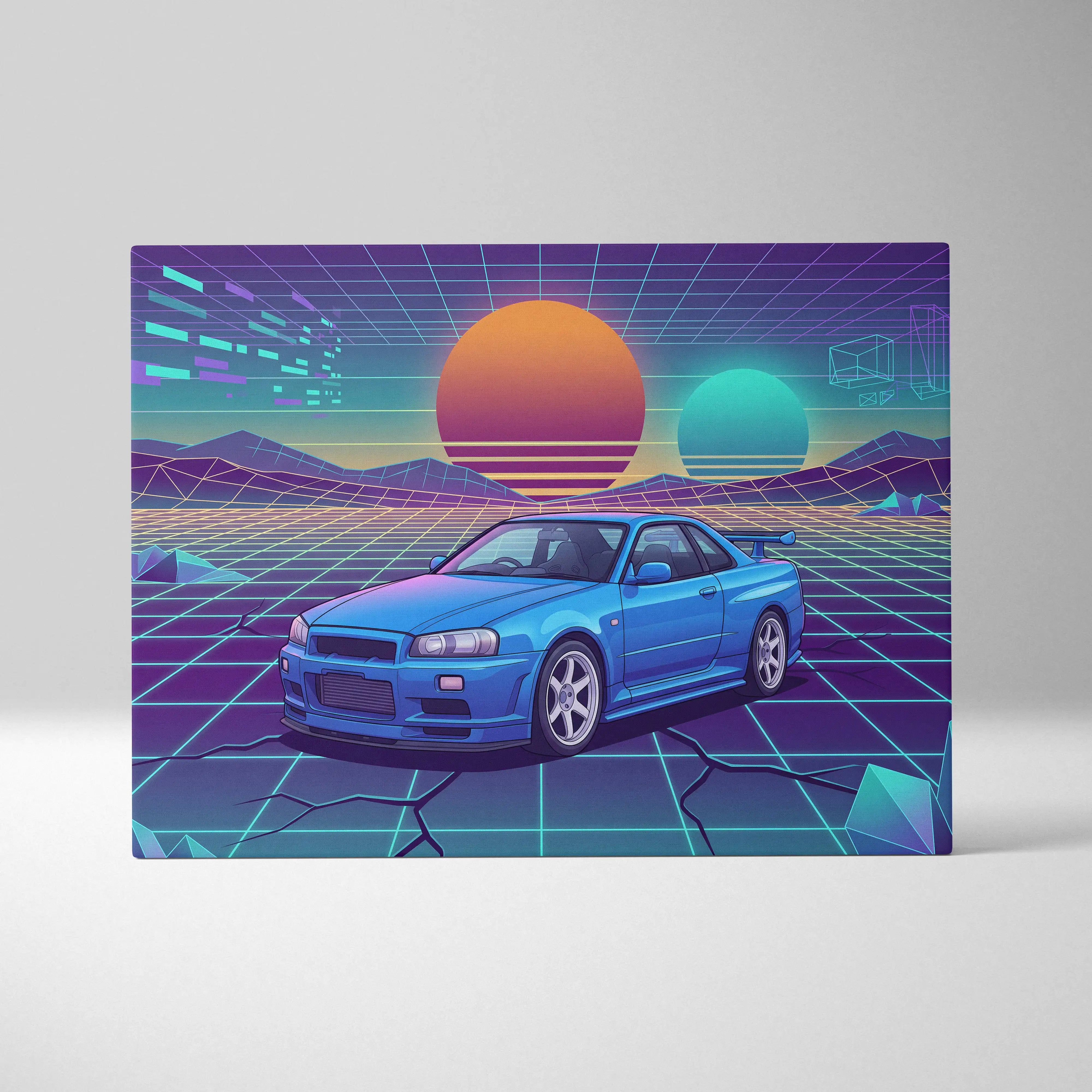 Nissan Skyline GT-R R34 Inspired Blue Purple Canvas Wall Art Vaporwave Neon Grid JDM Car Artwork, Retro Sunset Garage Decor