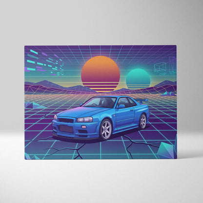 Nissan Skyline GT-R R34 Inspired Blue Purple Canvas Wall Art Vaporwave Neon Grid JDM Car Artwork, Retro Sunset Garage Decor