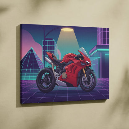 Ducati Panigale V4 Inspired Red Purple Motorcycle Canvas Wall Art Vaporwave Neon City Sportbike Garage Decor Retro Futuristic Racing Artwork