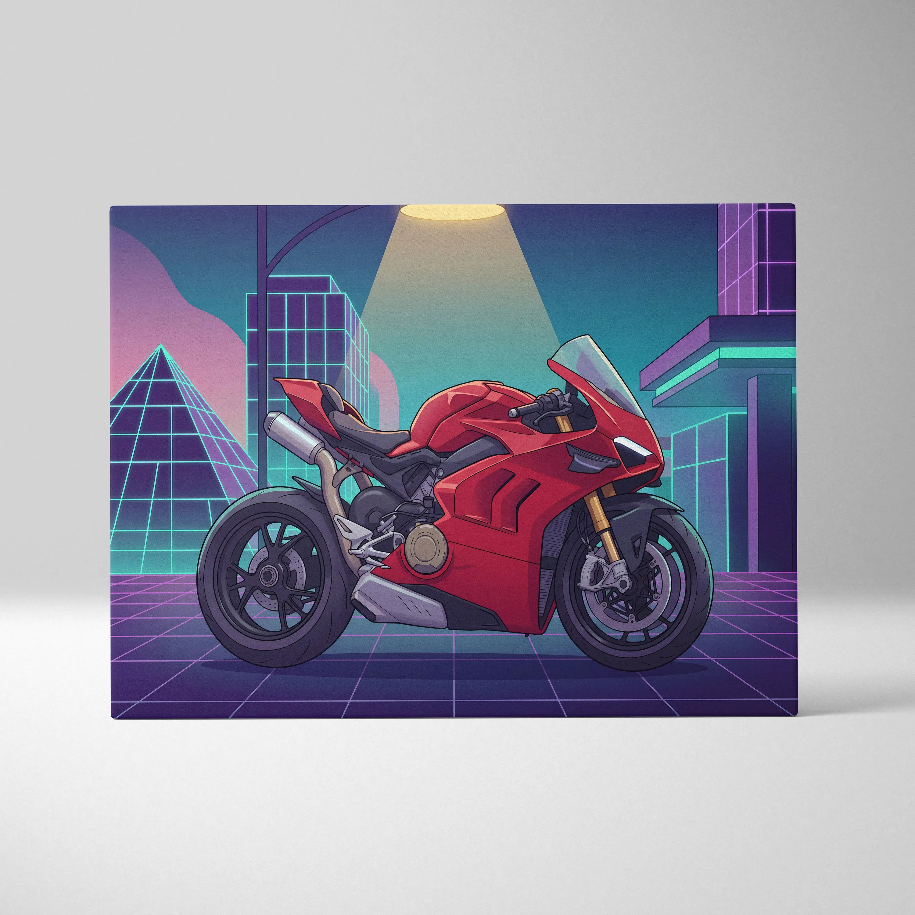 Ducati Panigale V4 Inspired Red Purple Motorcycle Canvas Wall Art Vaporwave Neon City Sportbike Garage Decor Retro Futuristic Racing Artwork