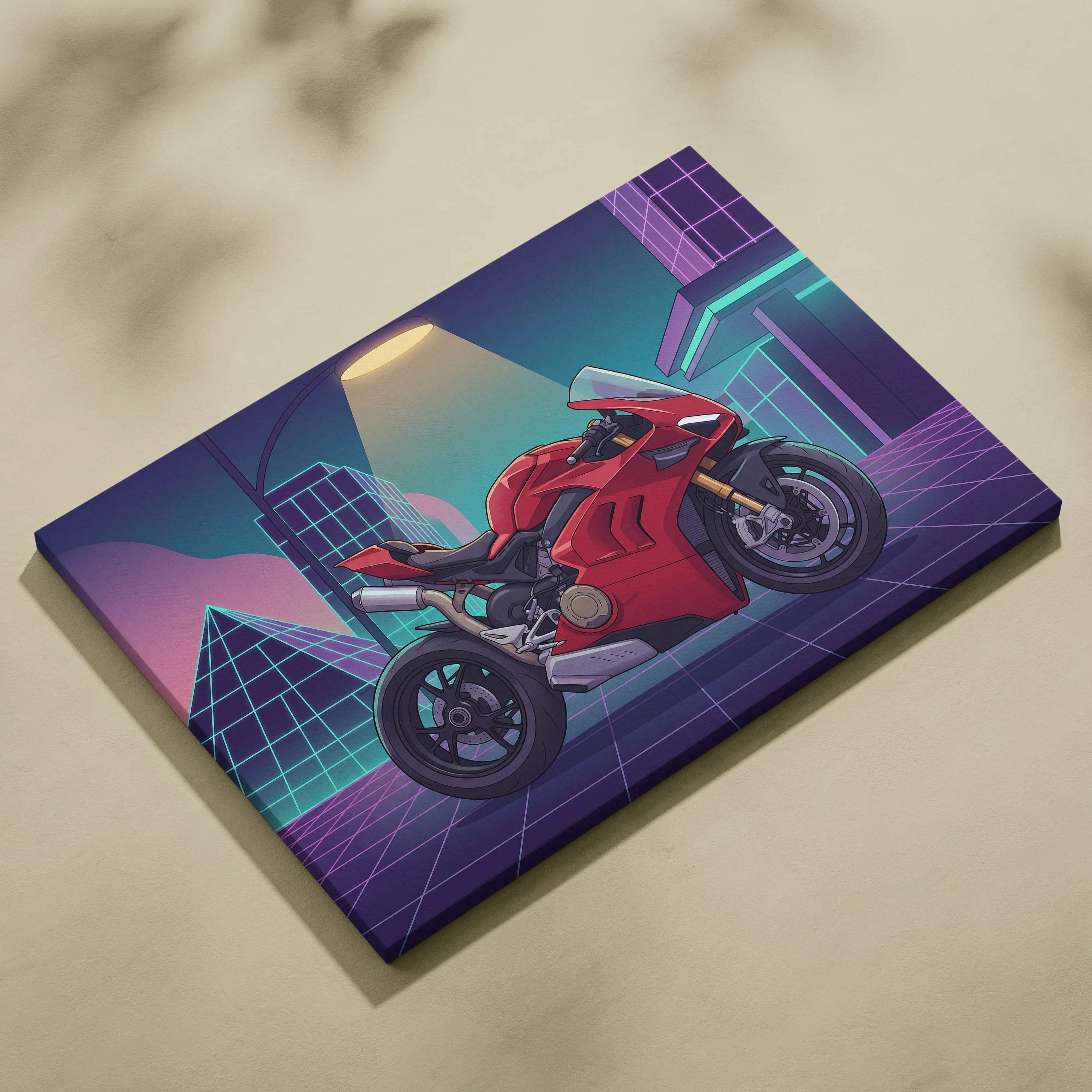 Ducati Panigale V4 Inspired Red Purple Motorcycle Canvas Wall Art Vaporwave Neon City Sportbike Garage Decor Retro Futuristic Racing Artwork