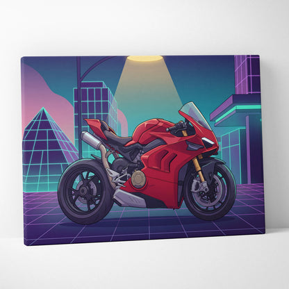 Ducati Panigale V4 Inspired Red Purple Motorcycle Canvas Wall Art Vaporwave Neon City Sportbike Garage Decor Retro Futuristic Racing Artwork