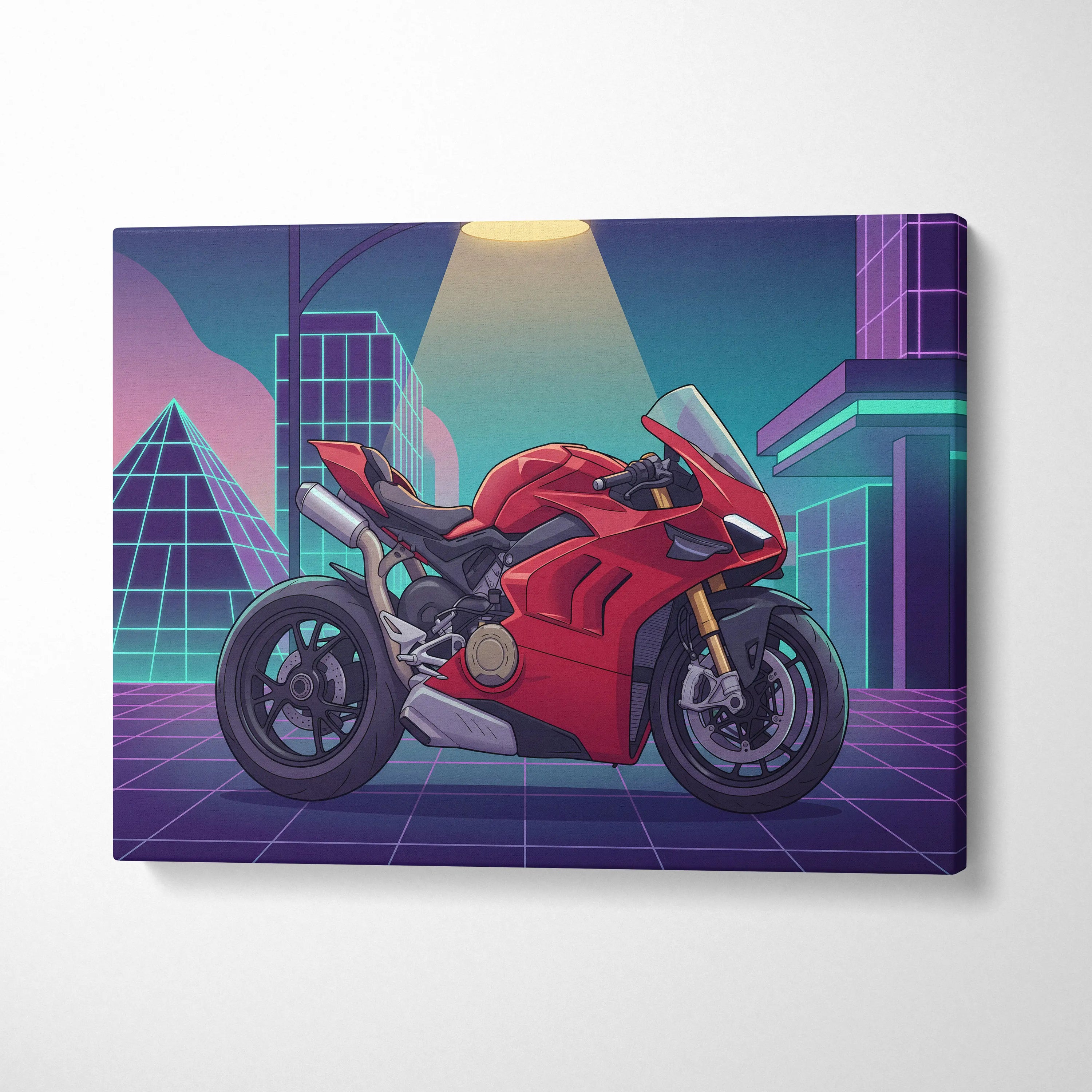Ducati Panigale V4 Inspired Red Purple Motorcycle Canvas Wall Art Vaporwave Neon City Sportbike Garage Decor Retro Futuristic Racing Artwork