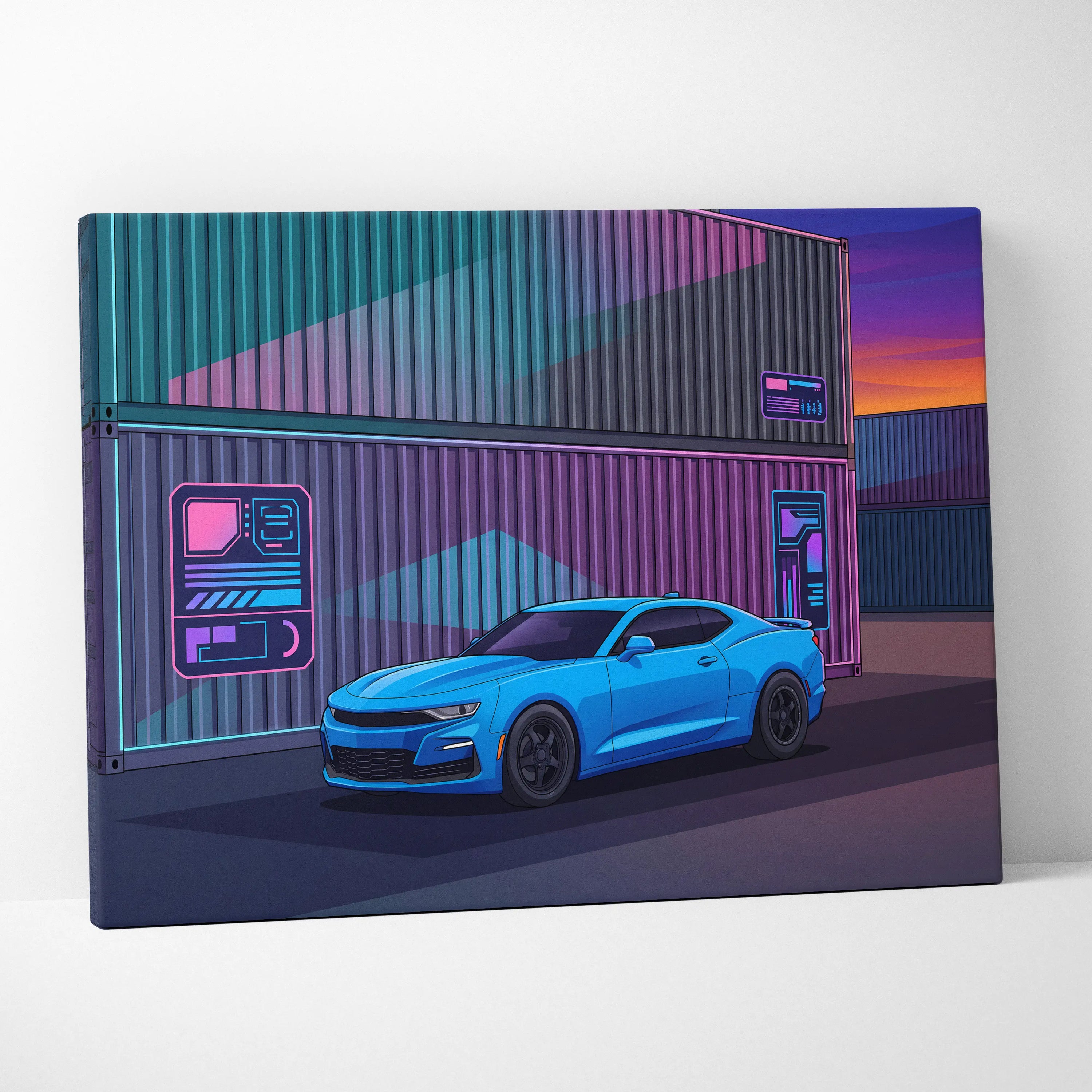 Chevrolet Camaro Inspired Vaporwave Car Canvas - Car Artwork Neon Pink Purple Teal Vaporwave Mood Neon Nostalgia Decor Style Gallery Canvas