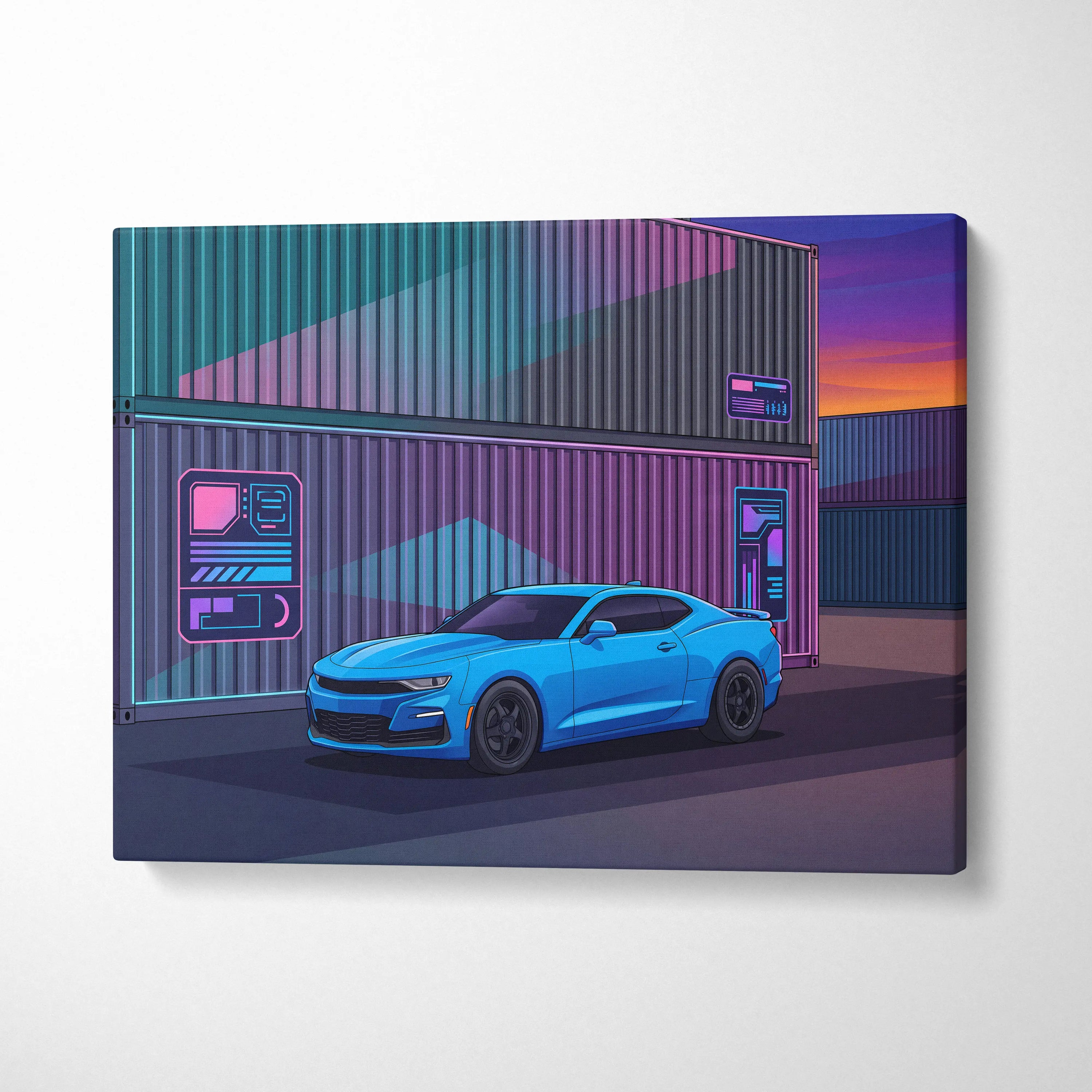 Chevrolet Camaro Inspired Vaporwave Car Canvas - Car Artwork Neon Pink Purple Teal Vaporwave Mood Neon Nostalgia Decor Style Gallery Canvas