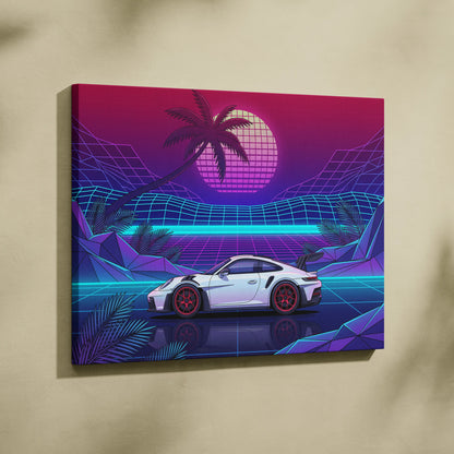 Porsche 911 GT3 RS Inspired White Purple Canvas Wall Art Vaporwave Sports Car Artwork Neon Palm Garage Decor Retro Futuristic Sunset Print