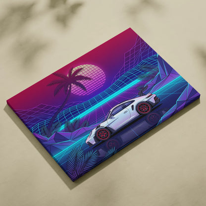 Porsche 911 GT3 RS Inspired White Purple Canvas Wall Art Vaporwave Sports Car Artwork Neon Palm Garage Decor Retro Futuristic Sunset Print