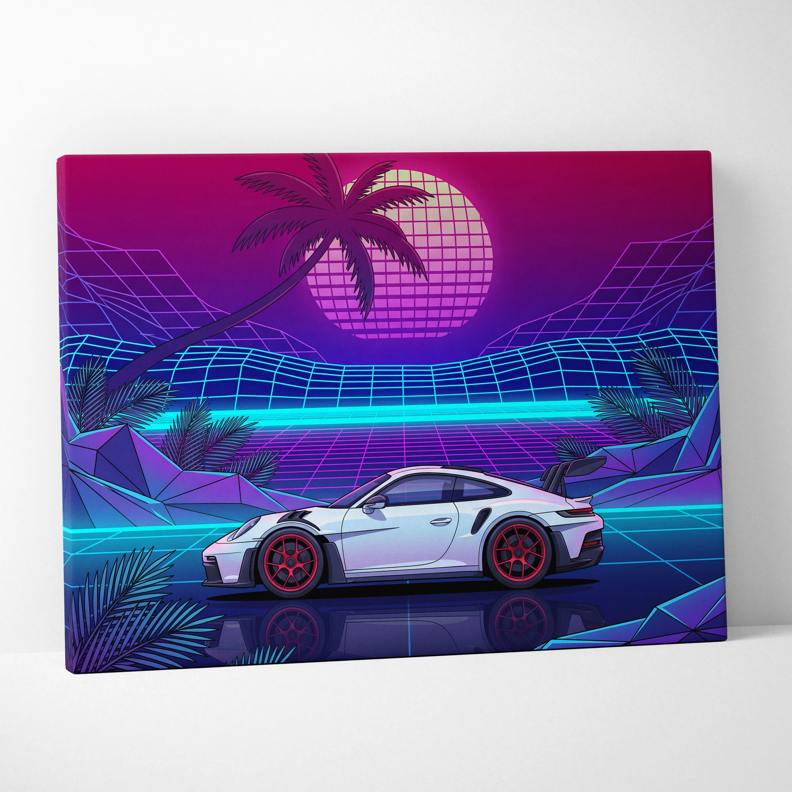 Porsche 911 GT3 RS Inspired White Purple Canvas Wall Art Vaporwave Sports Car Artwork Neon Palm Garage Decor Retro Futuristic Sunset Print