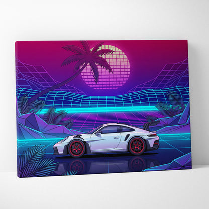 Porsche 911 GT3 RS Inspired White Purple Canvas Wall Art Vaporwave Sports Car Artwork Neon Palm Garage Decor Retro Futuristic Sunset Print