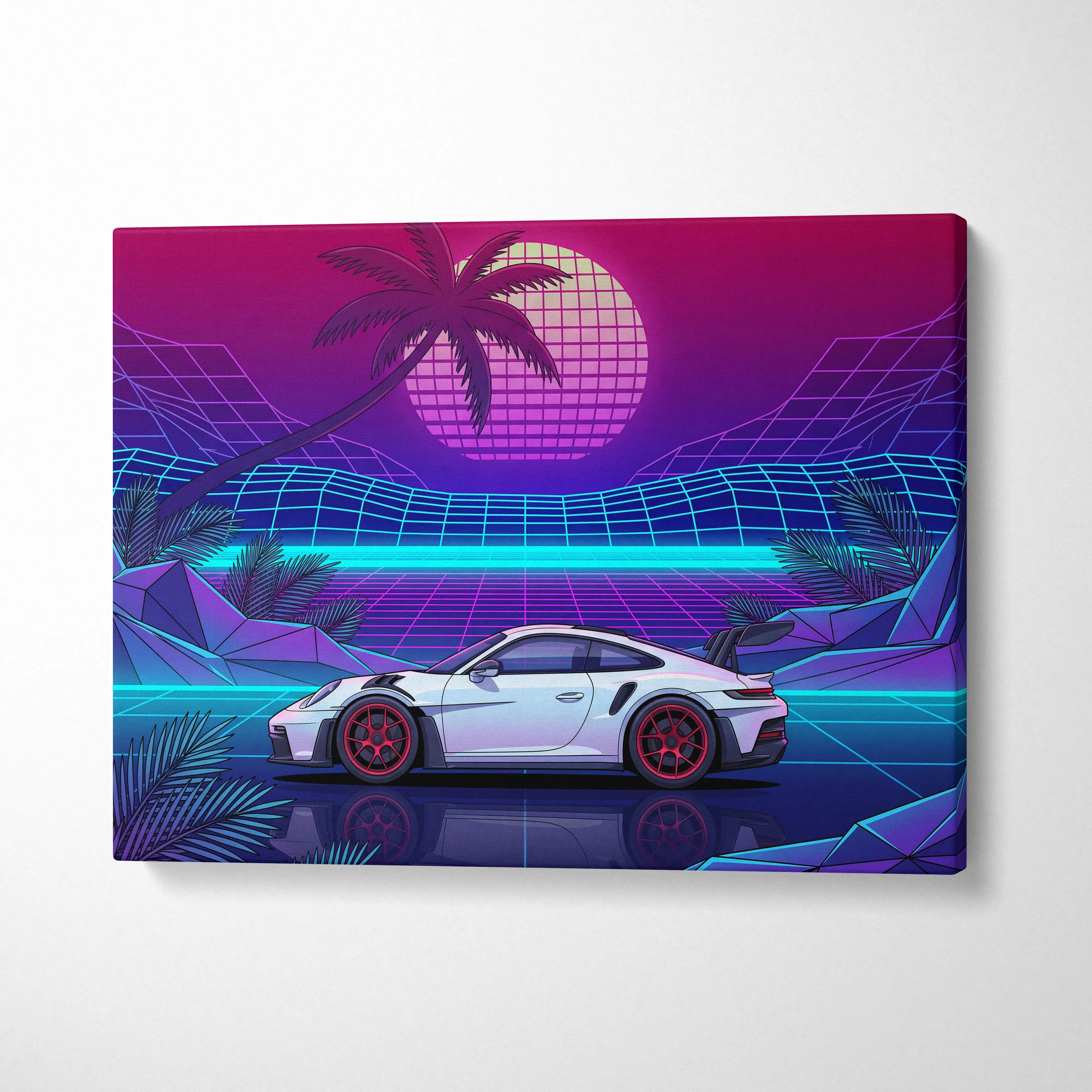 Porsche 911 GT3 RS Inspired White Purple Canvas Wall Art Vaporwave Sports Car Artwork Neon Palm Garage Decor Retro Futuristic Sunset Print