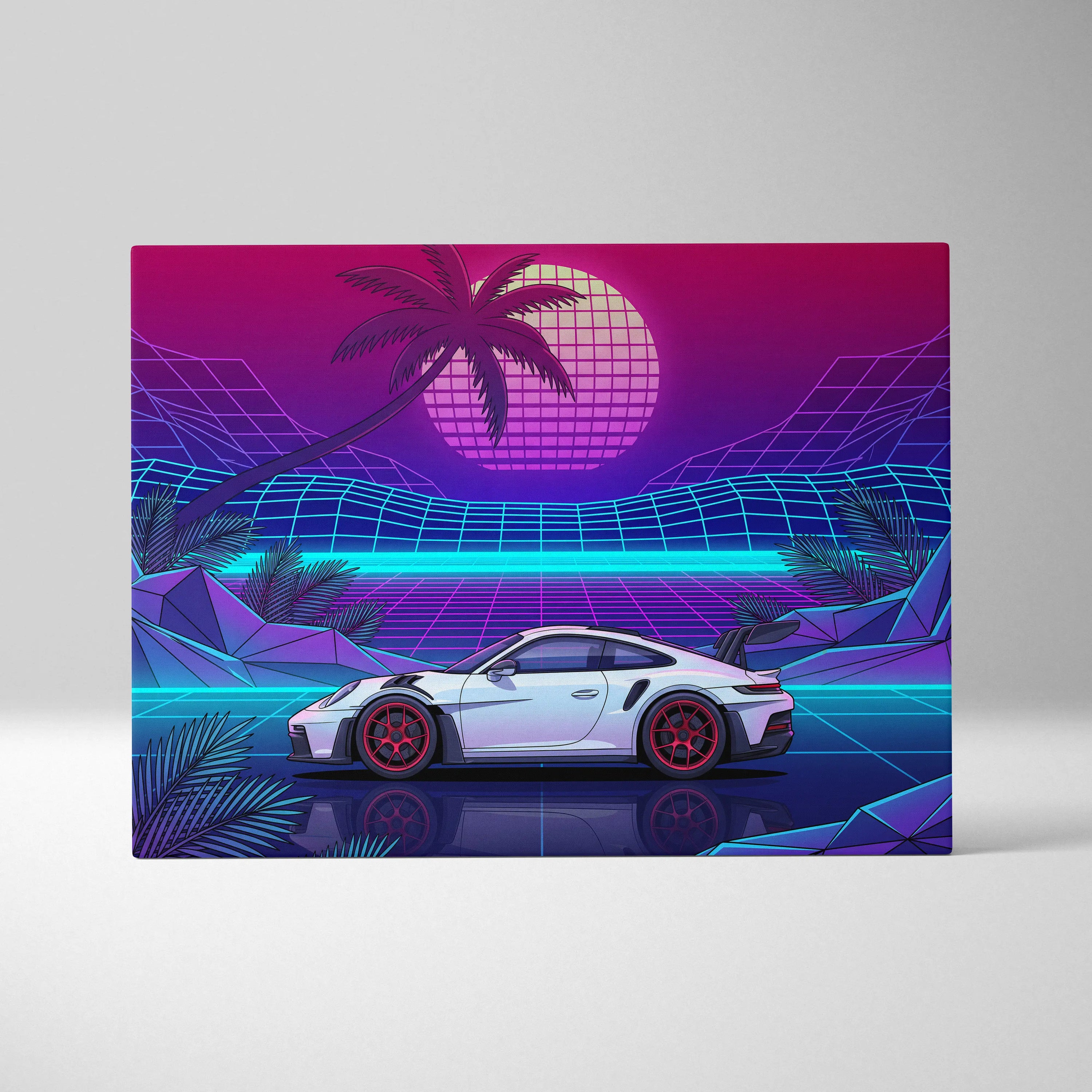 Porsche 911 GT3 RS Inspired White Purple Canvas Wall Art Vaporwave Sports Car Artwork Neon Palm Garage Decor Retro Futuristic Sunset Print