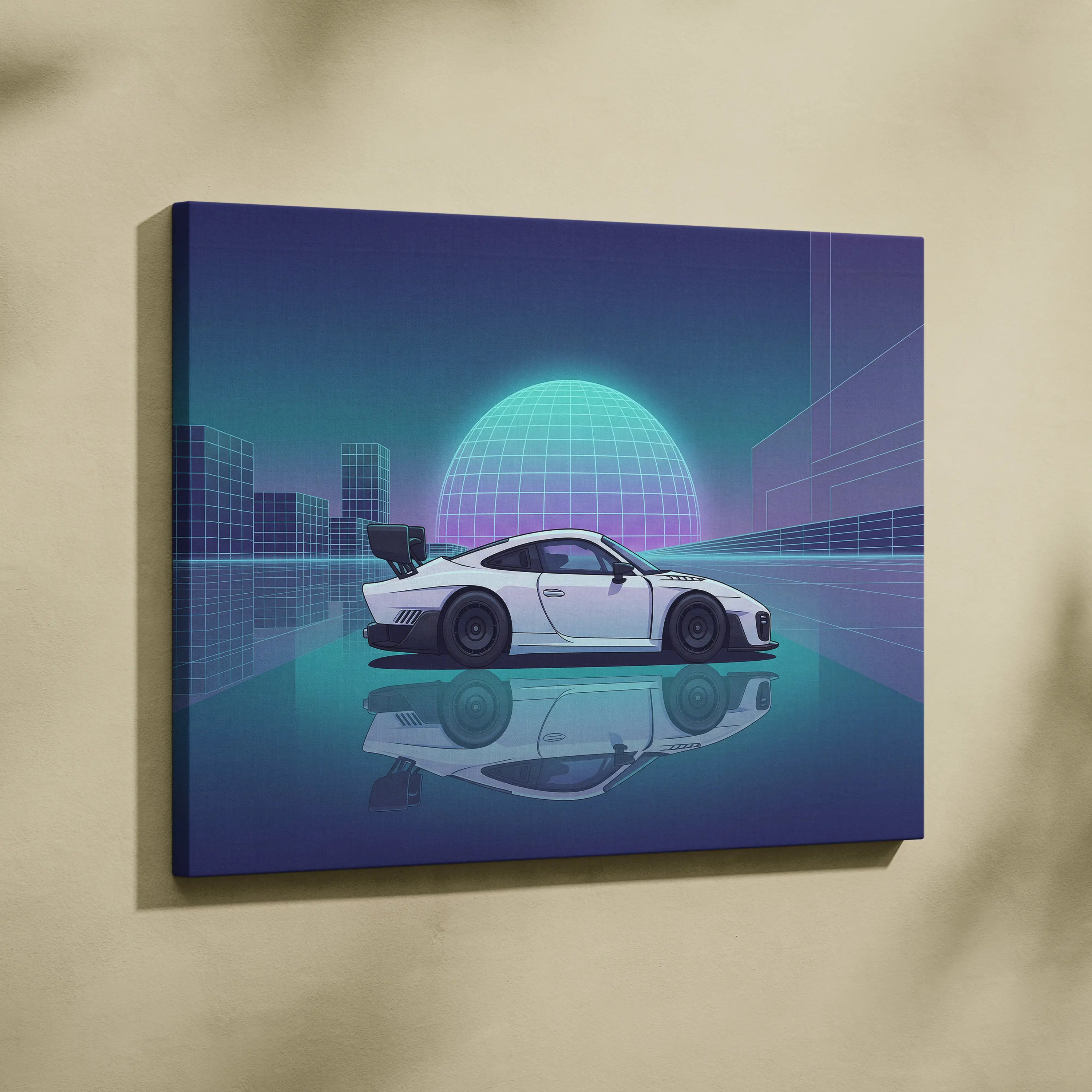 Porsche 935 Inspired White Teal Canvas Wall Art Vaporwave Race Car Artwork Neon Grid Garage Decor Retro Futuristic Motorsport Print