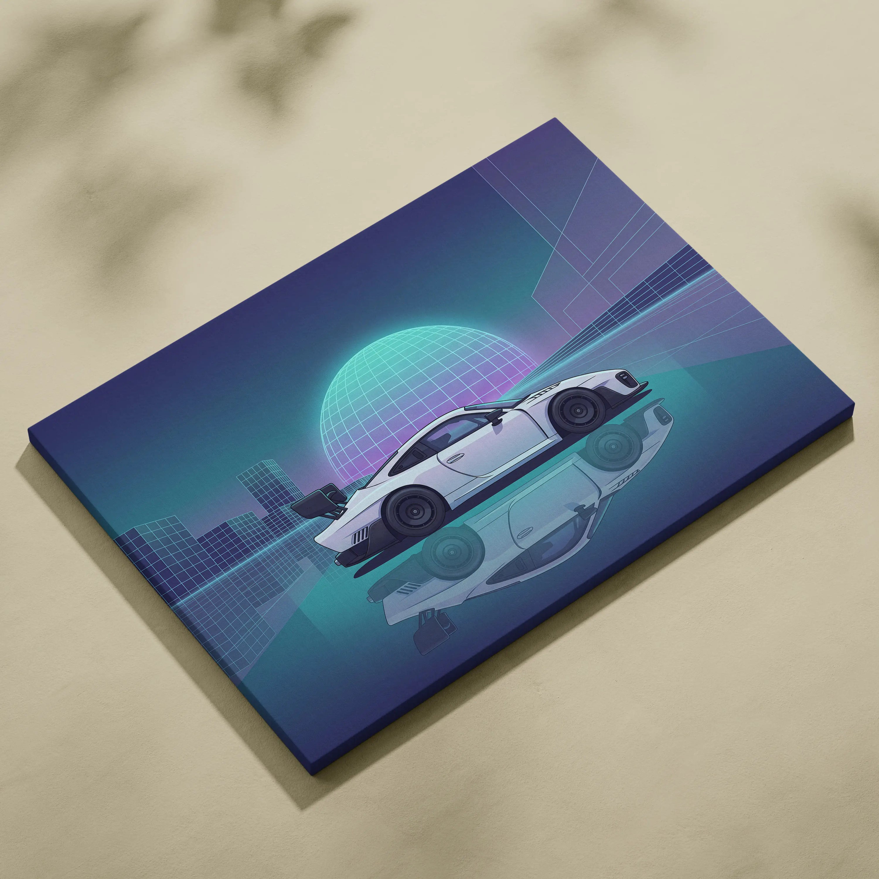 Porsche 935 Inspired White Teal Canvas Wall Art Vaporwave Race Car Artwork Neon Grid Garage Decor Retro Futuristic Motorsport Print