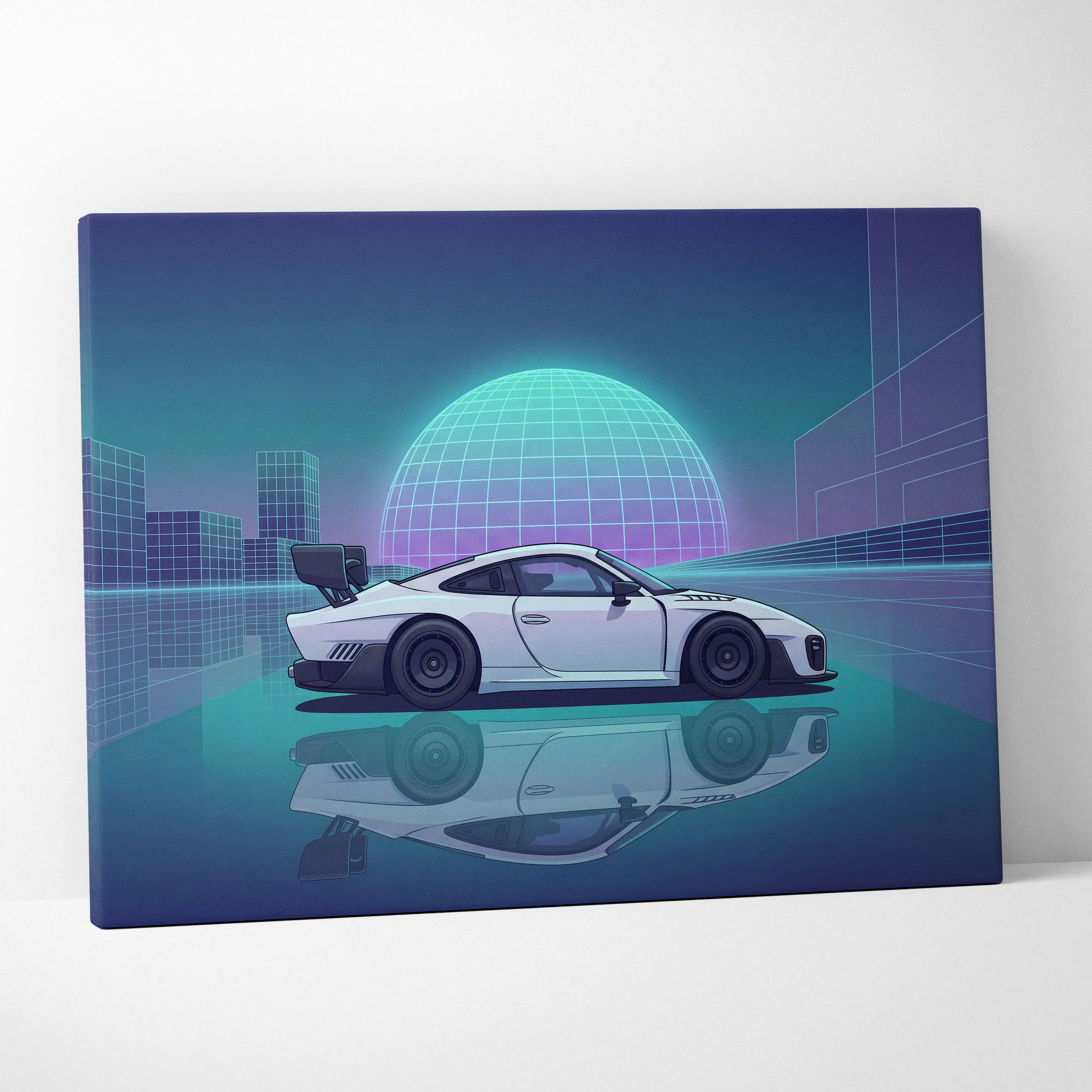 Porsche 935 Inspired White Teal Canvas Wall Art Vaporwave Race Car Artwork Neon Grid Garage Decor Retro Futuristic Motorsport Print