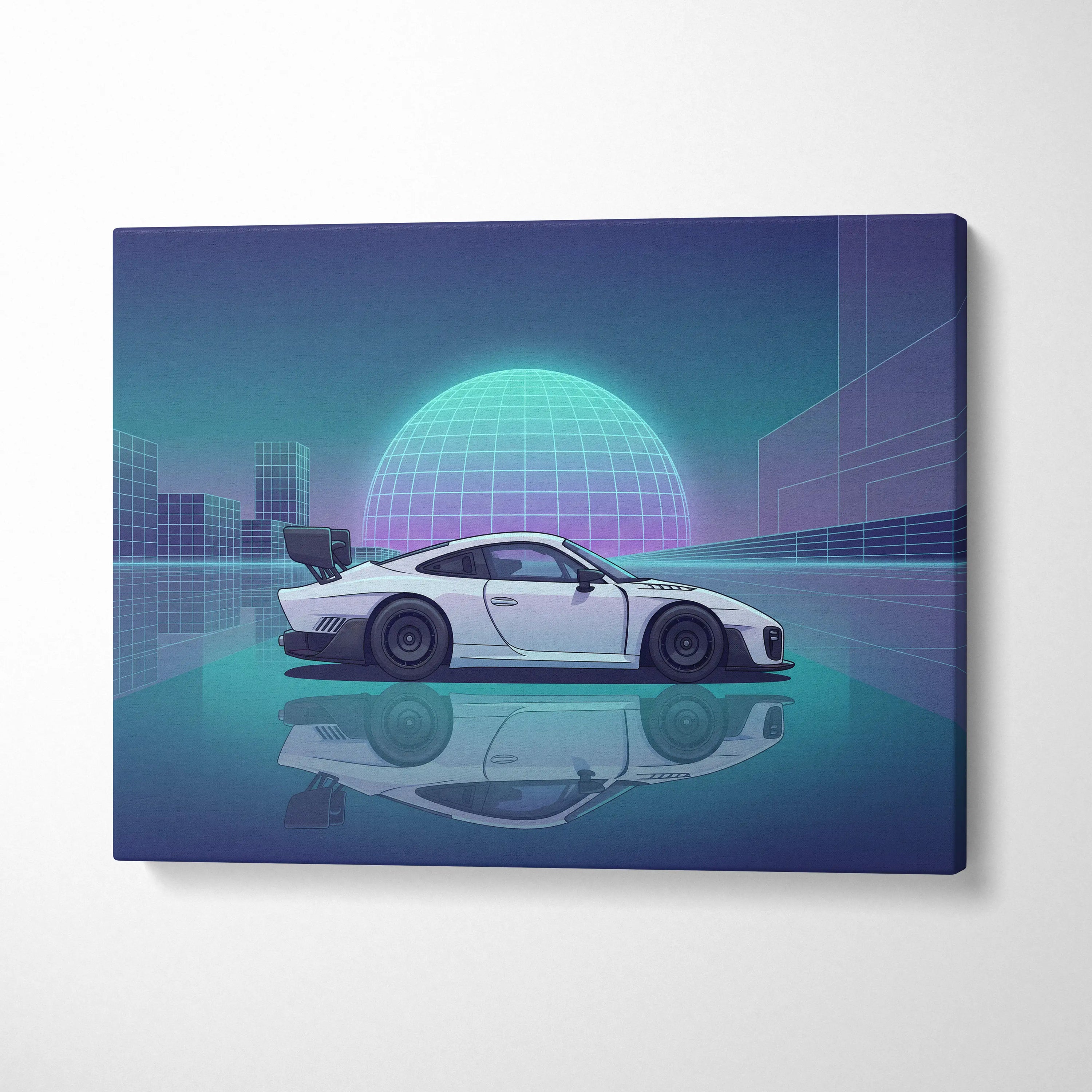Porsche 935 Inspired White Teal Canvas Wall Art Vaporwave Race Car Artwork Neon Grid Garage Decor Retro Futuristic Motorsport Print