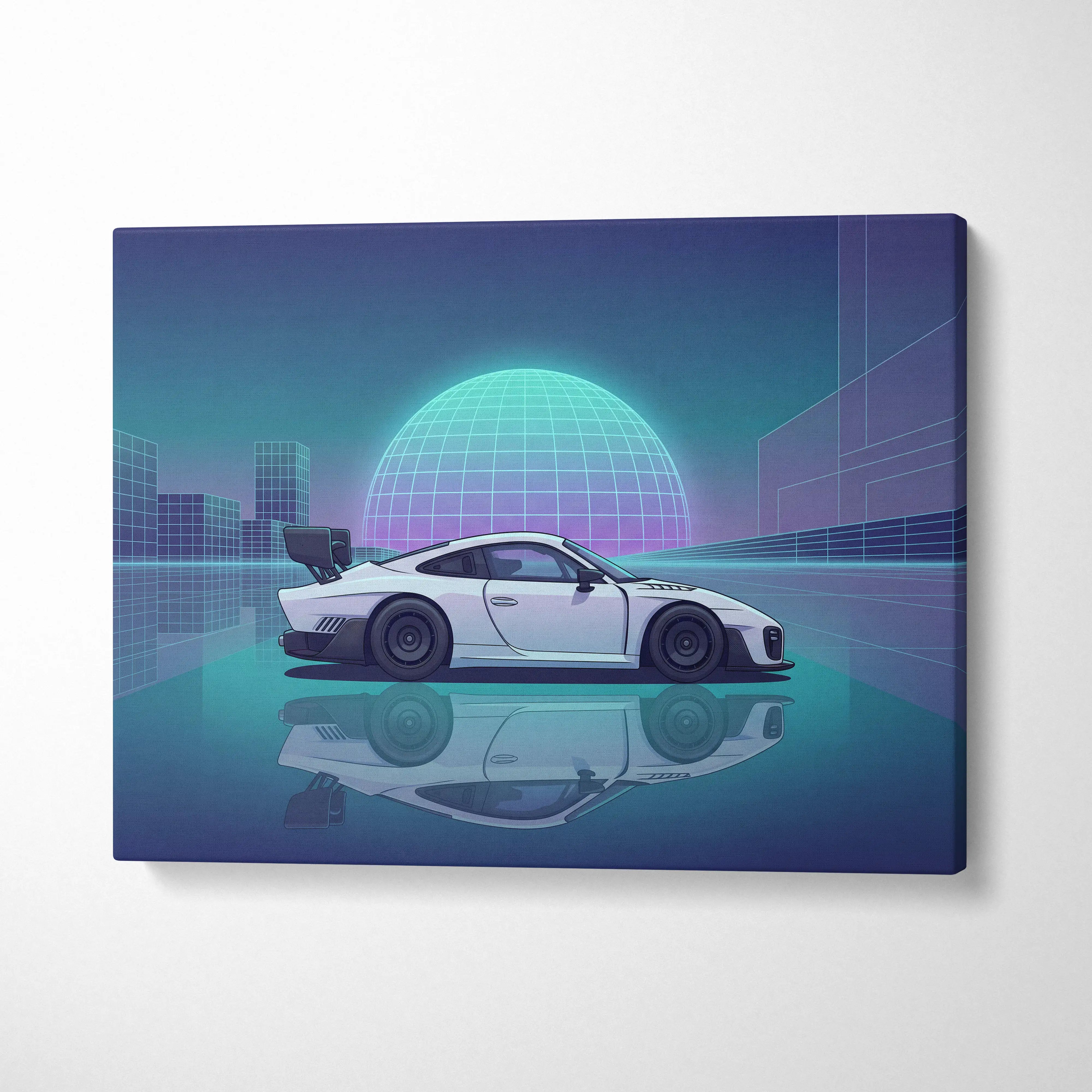 Porsche 935 Inspired White Teal Canvas Wall Art Vaporwave Race Car Artwork Neon Grid Garage Decor Retro Futuristic Motorsport Print