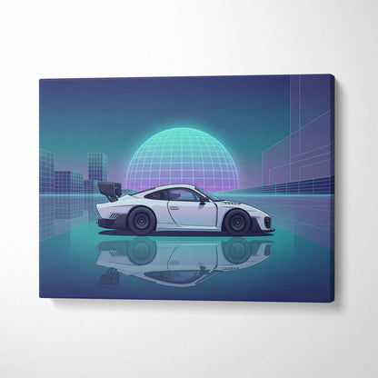 Porsche 935 Inspired White Teal Canvas Wall Art Vaporwave Race Car Artwork Neon Grid Garage Decor Retro Futuristic Motorsport Print