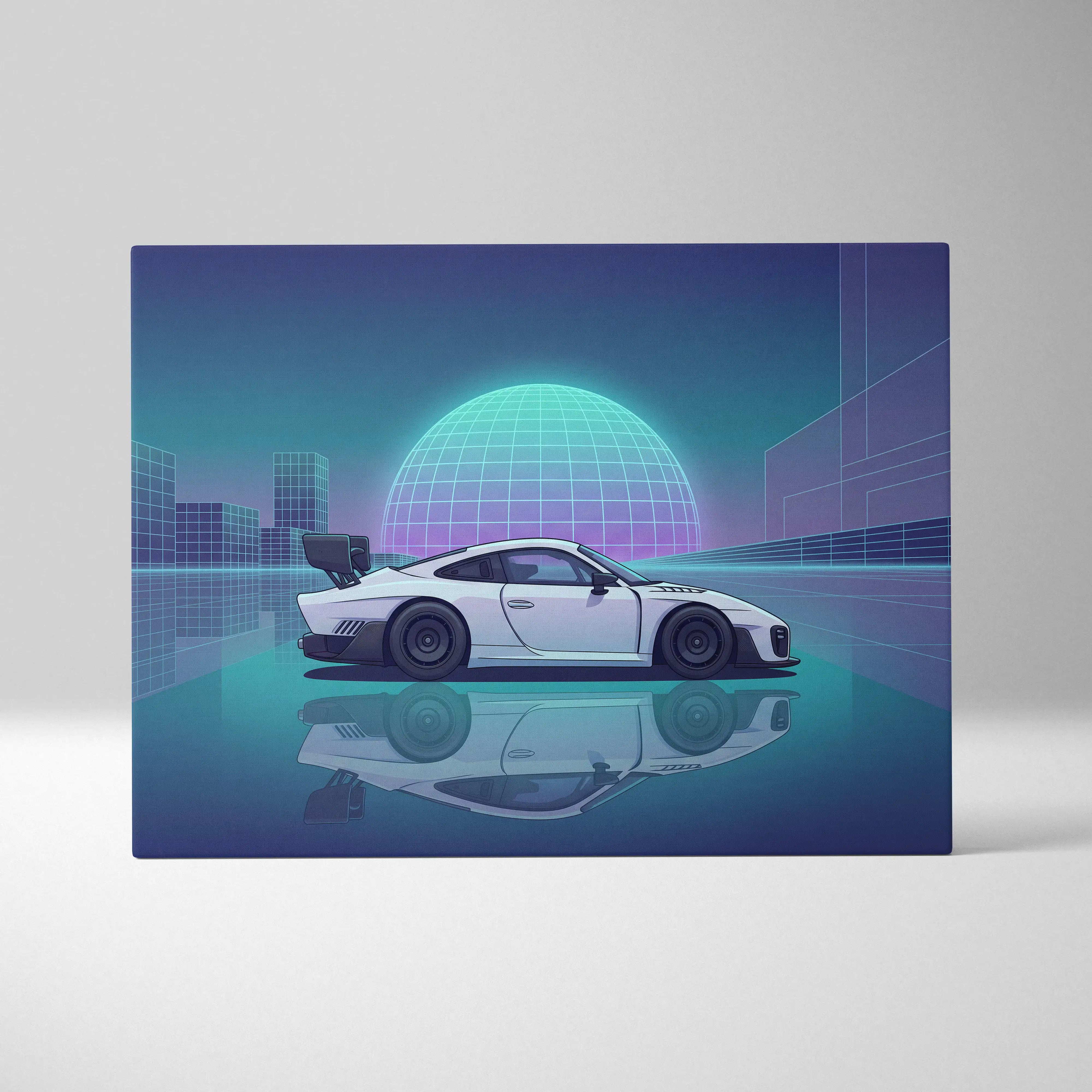 Porsche 935 Inspired White Teal Canvas Wall Art Vaporwave Race Car Artwork Neon Grid Garage Decor Retro Futuristic Motorsport Print