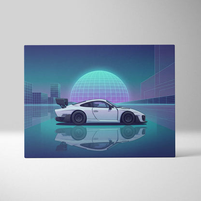 Porsche 935 Inspired White Teal Canvas Wall Art Vaporwave Race Car Artwork Neon Grid Garage Decor Retro Futuristic Motorsport Print