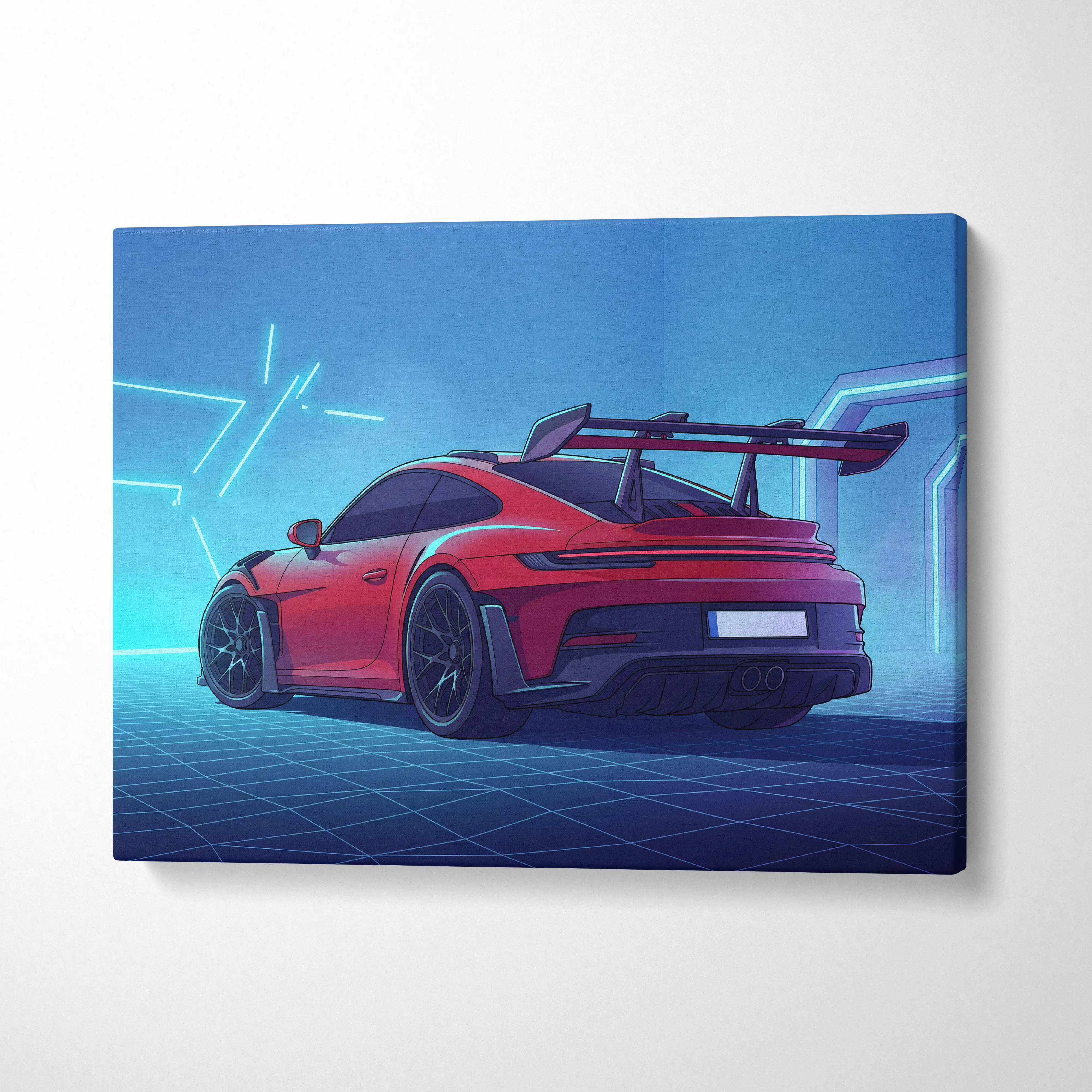 Porsche 911 GT3 RS Inspired Red Blue Canvas Wall Art Vaporwave Neon Garage Sports Car Artwork, Cyberpunk Grid Motorsport Decor