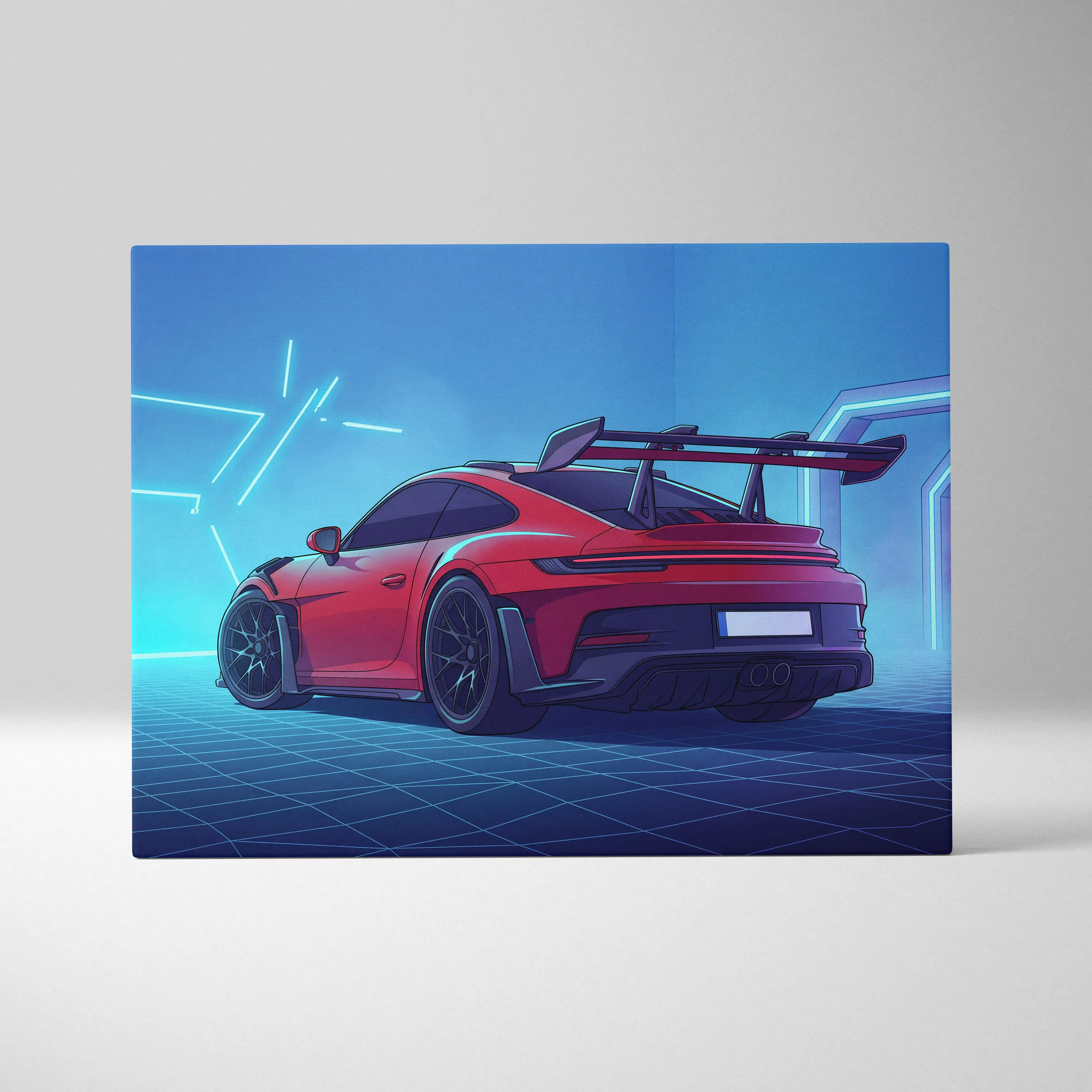 Porsche 911 GT3 RS Inspired Red Blue Canvas Wall Art Vaporwave Neon Garage Sports Car Artwork, Cyberpunk Grid Motorsport Decor