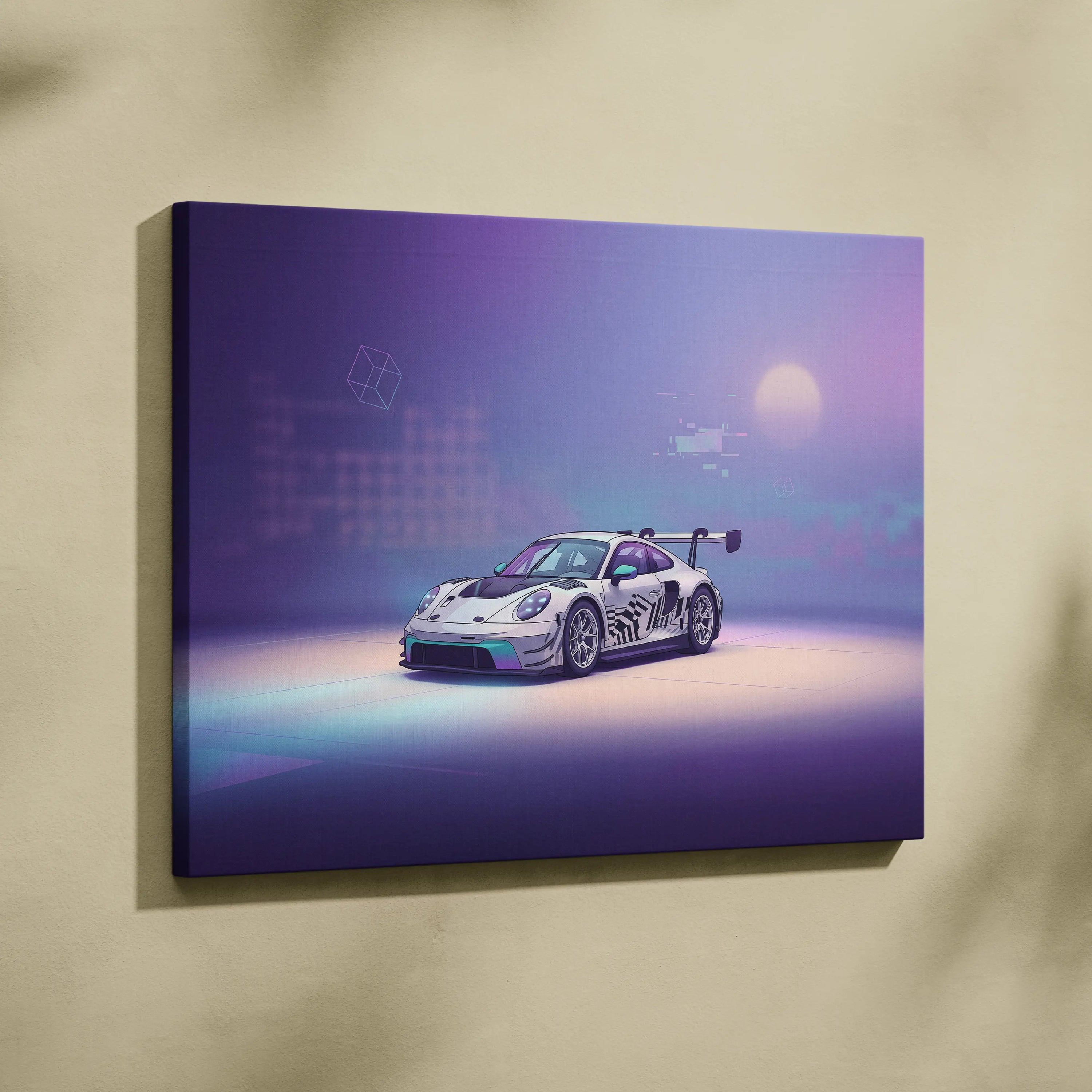 Porsche 911 GT3 RS Inspired White Purple Canvas Wall Art Vaporwave Dreamy Sports Car Artwork, Soft Neon Garage Decor