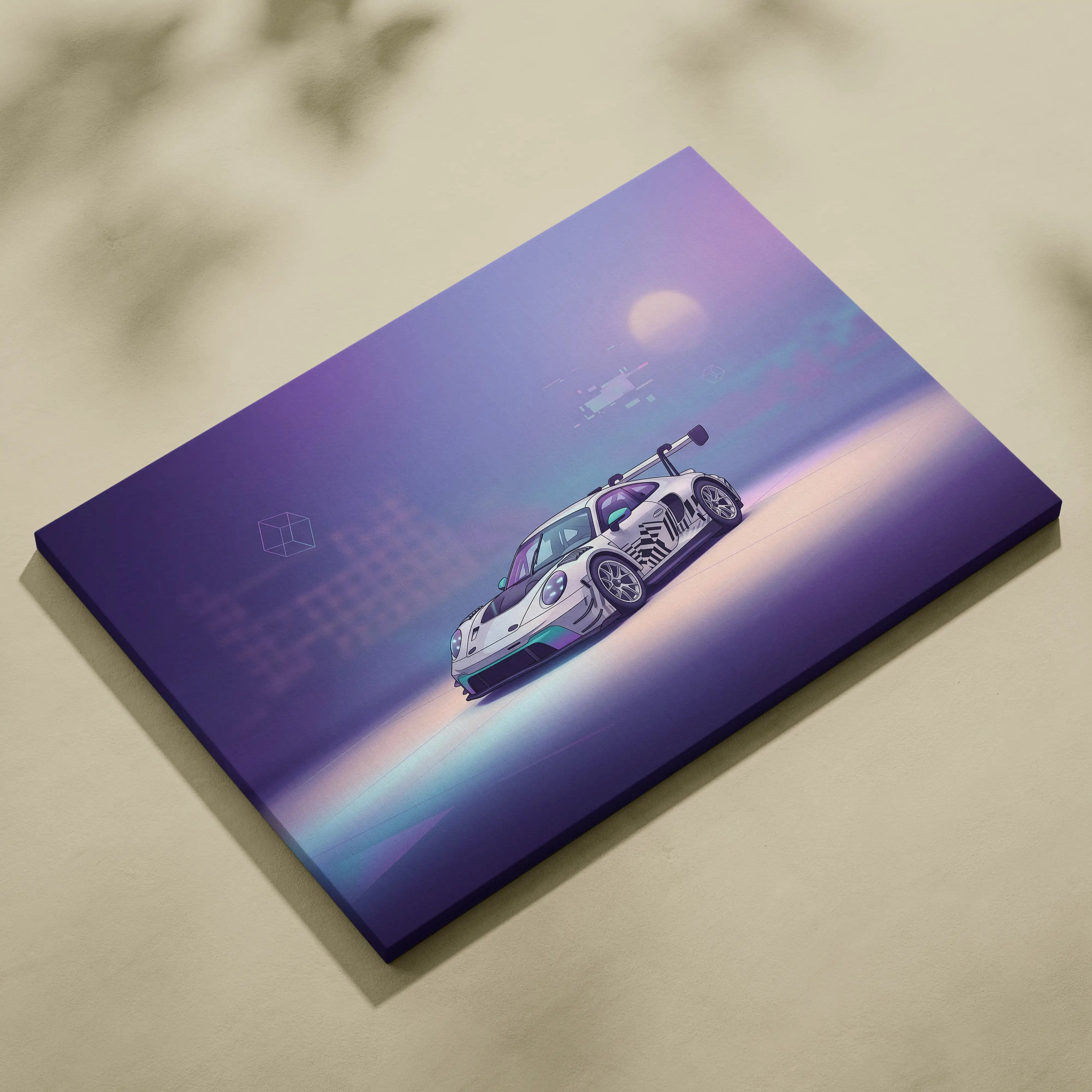 Porsche 911 GT3 RS Inspired White Purple Canvas Wall Art Vaporwave Dreamy Sports Car Artwork, Soft Neon Garage Decor