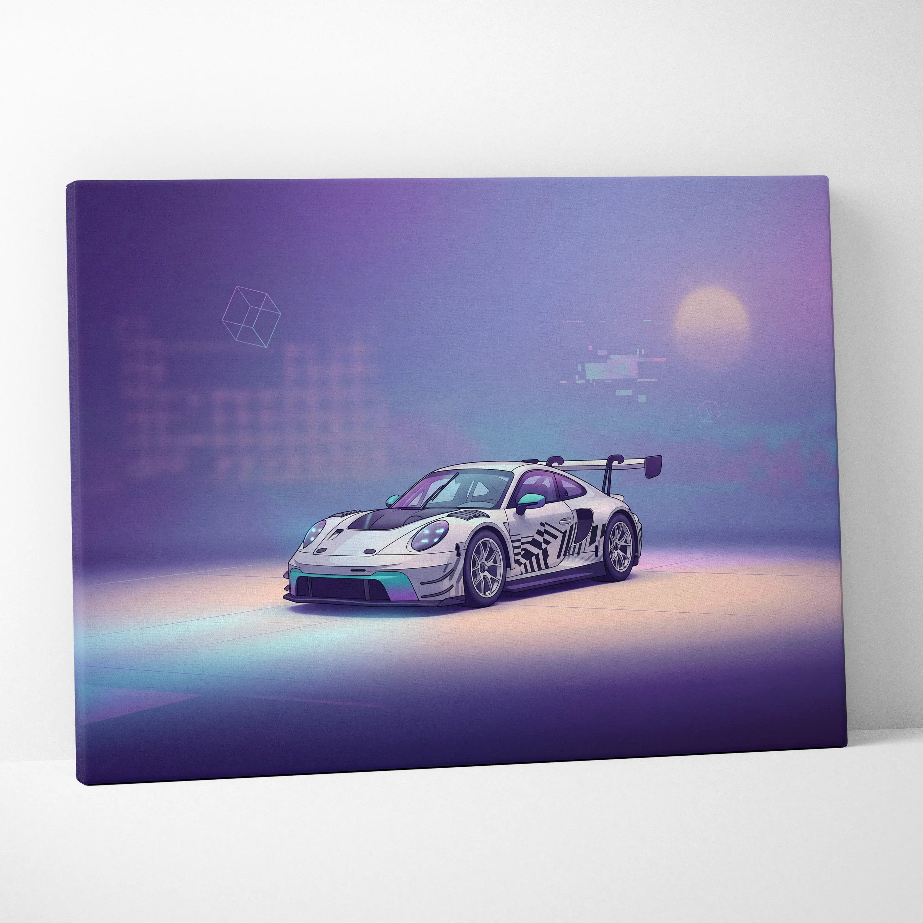Porsche 911 GT3 RS Inspired White Purple Canvas Wall Art Vaporwave Dreamy Sports Car Artwork, Soft Neon Garage Decor