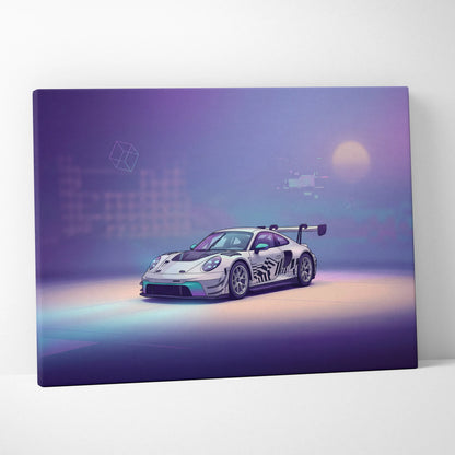Porsche 911 GT3 RS Inspired White Purple Canvas Wall Art Vaporwave Dreamy Sports Car Artwork, Soft Neon Garage Decor