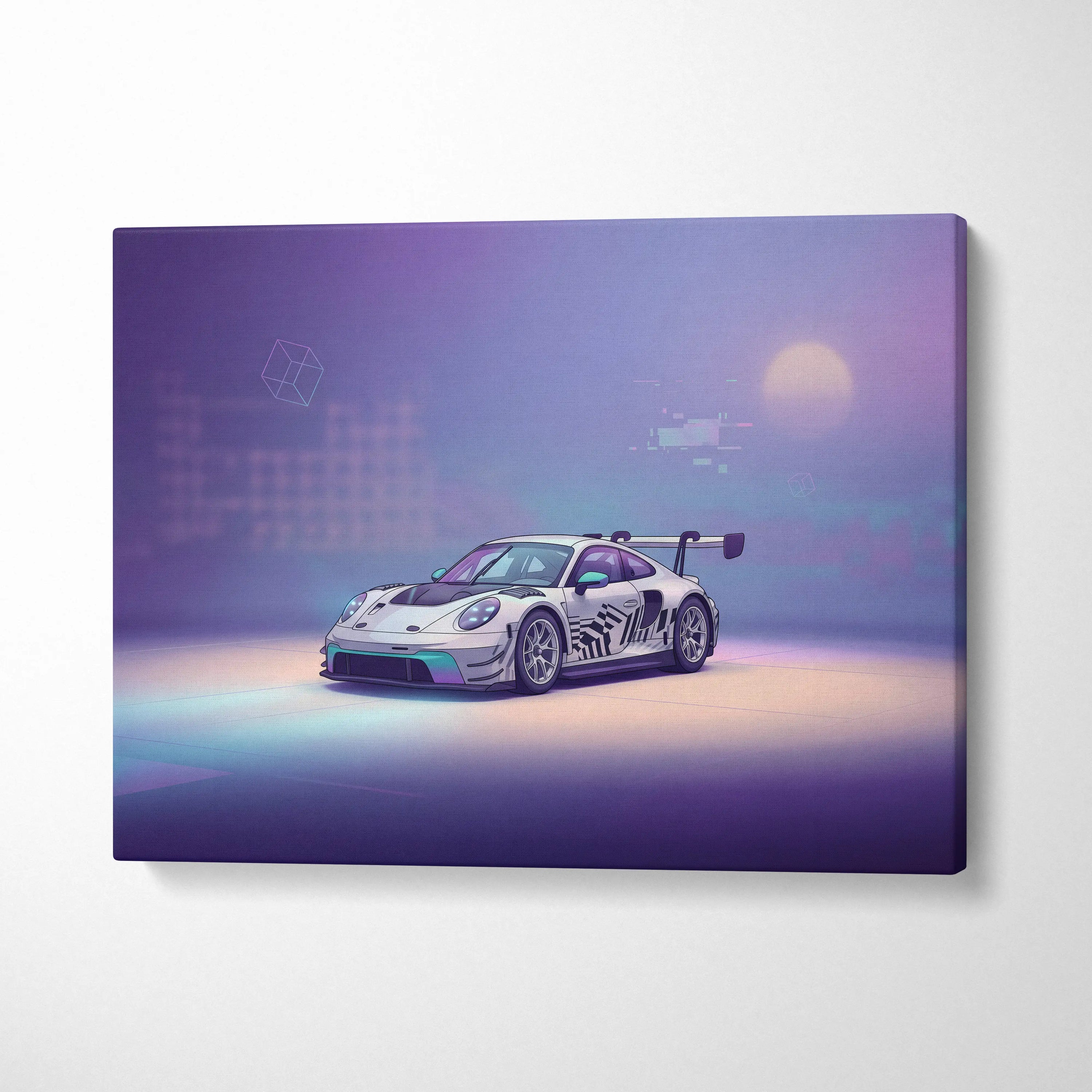 Porsche 911 GT3 RS Inspired White Purple Canvas Wall Art Vaporwave Dreamy Sports Car Artwork, Soft Neon Garage Decor
