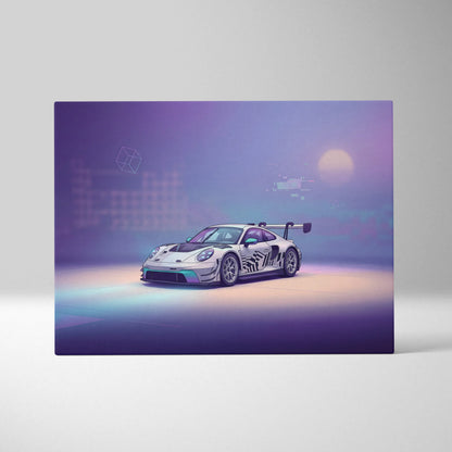 Porsche 911 GT3 RS Inspired White Purple Canvas Wall Art Vaporwave Dreamy Sports Car Artwork, Soft Neon Garage Decor