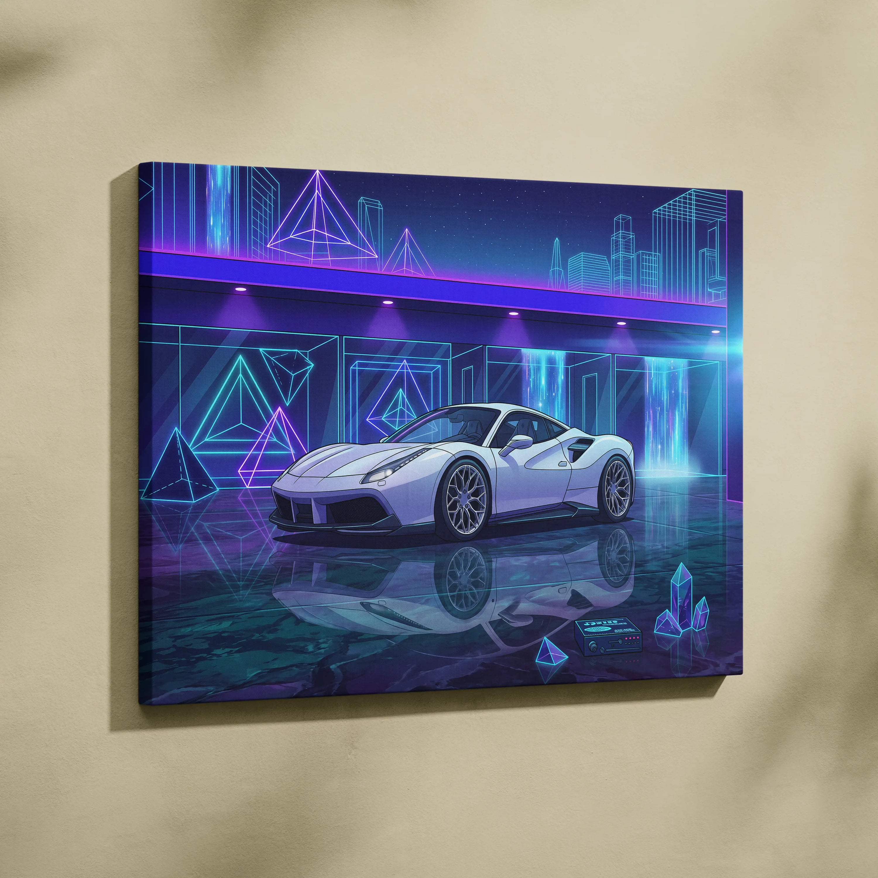 Ferrari 488 Inspired White Purple Canvas Wall Art Vaporwave Supercar Artwork Neon Crystal Garage Decor Retro Futuristic City Print