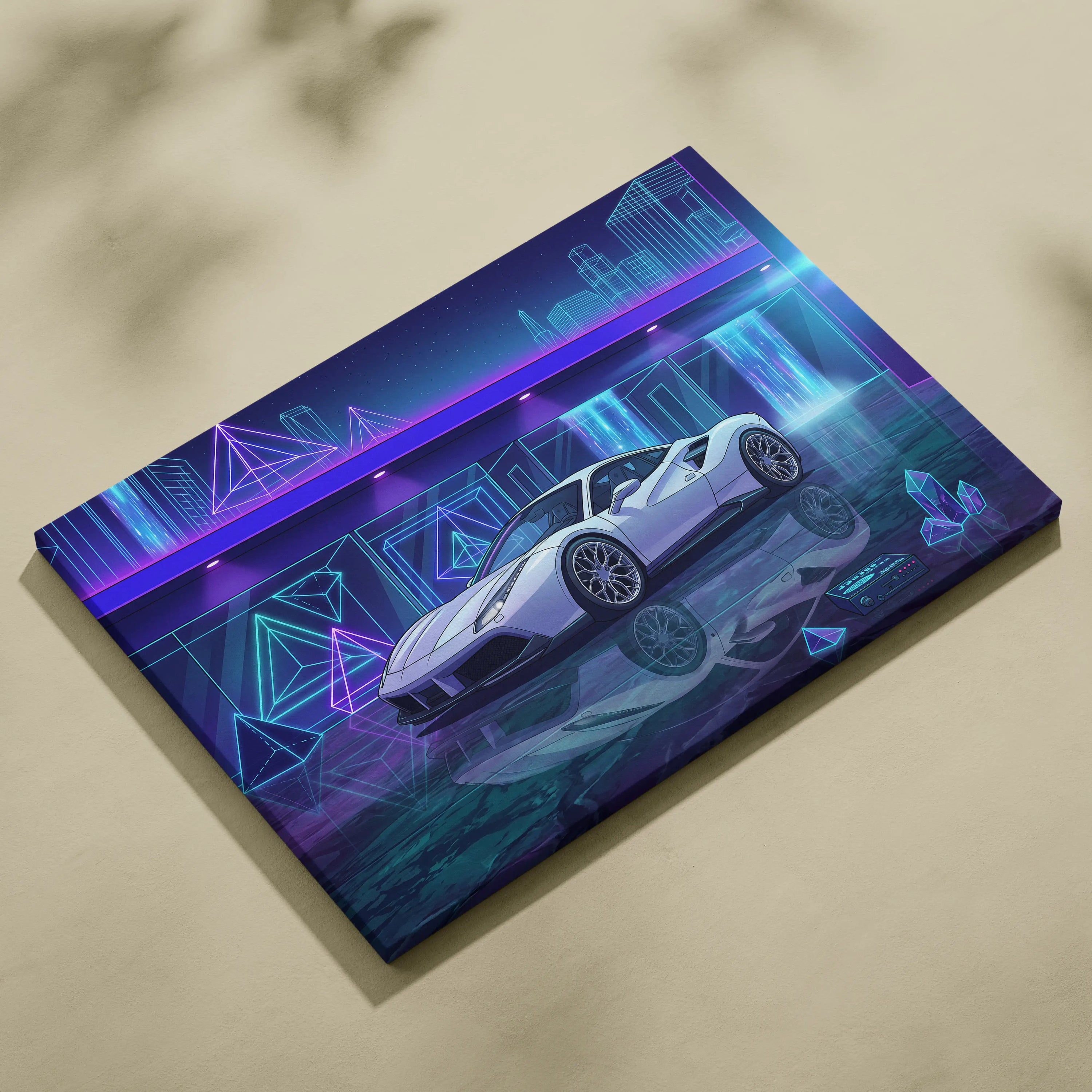Ferrari 488 Inspired White Purple Canvas Wall Art Vaporwave Supercar Artwork Neon Crystal Garage Decor Retro Futuristic City Print
