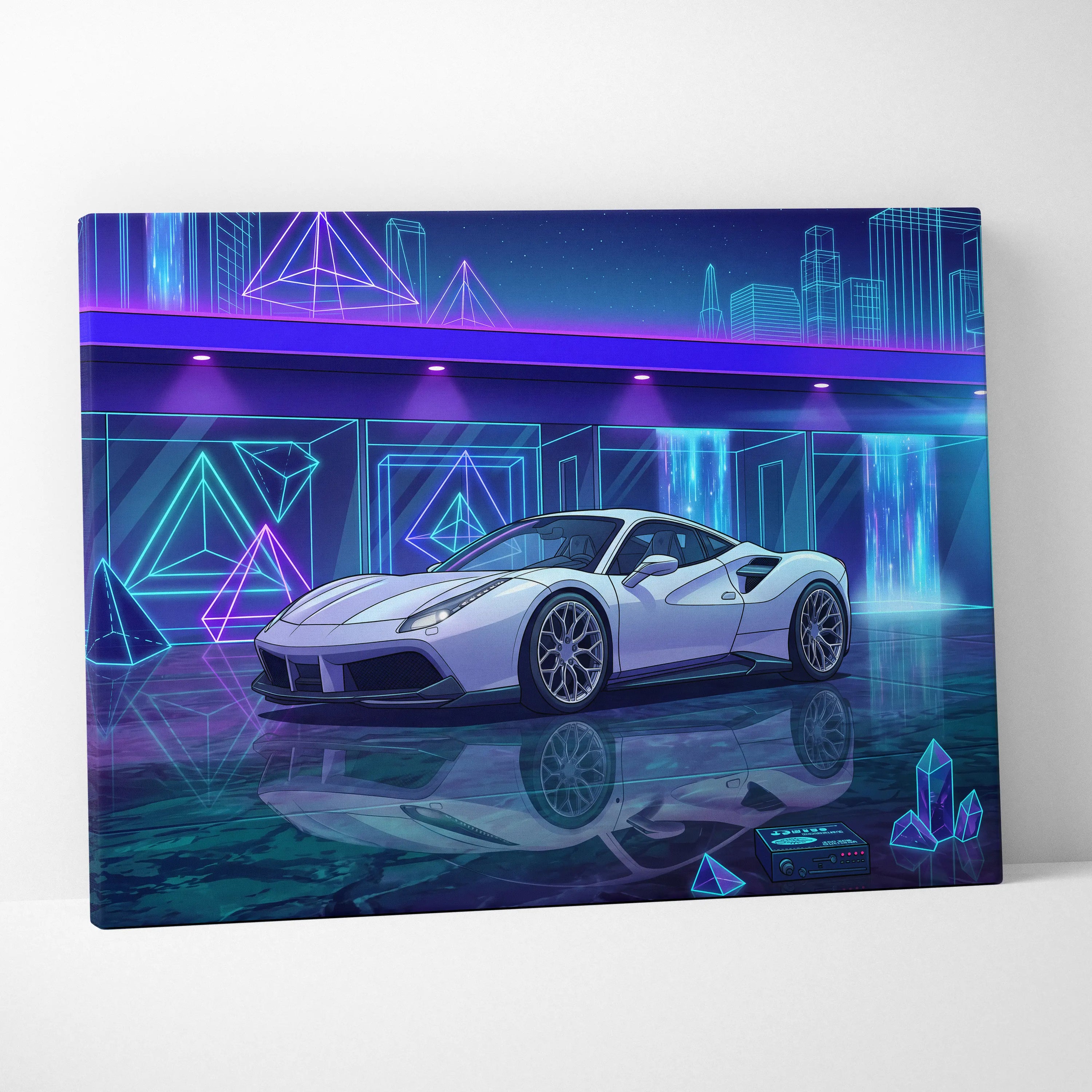 Ferrari 488 Inspired White Purple Canvas Wall Art Vaporwave Supercar Artwork Neon Crystal Garage Decor Retro Futuristic City Print