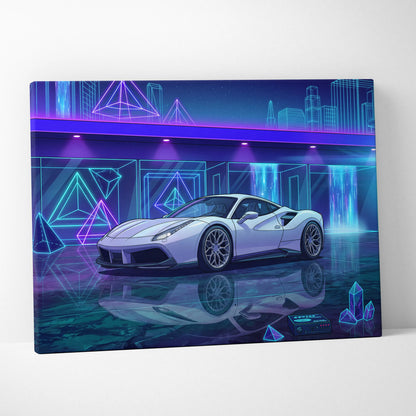 Ferrari 488 Inspired White Purple Canvas Wall Art Vaporwave Supercar Artwork Neon Crystal Garage Decor Retro Futuristic City Print