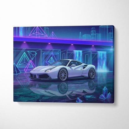 Ferrari 488 Inspired White Purple Canvas Wall Art Vaporwave Supercar Artwork Neon Crystal Garage Decor Retro Futuristic City Print