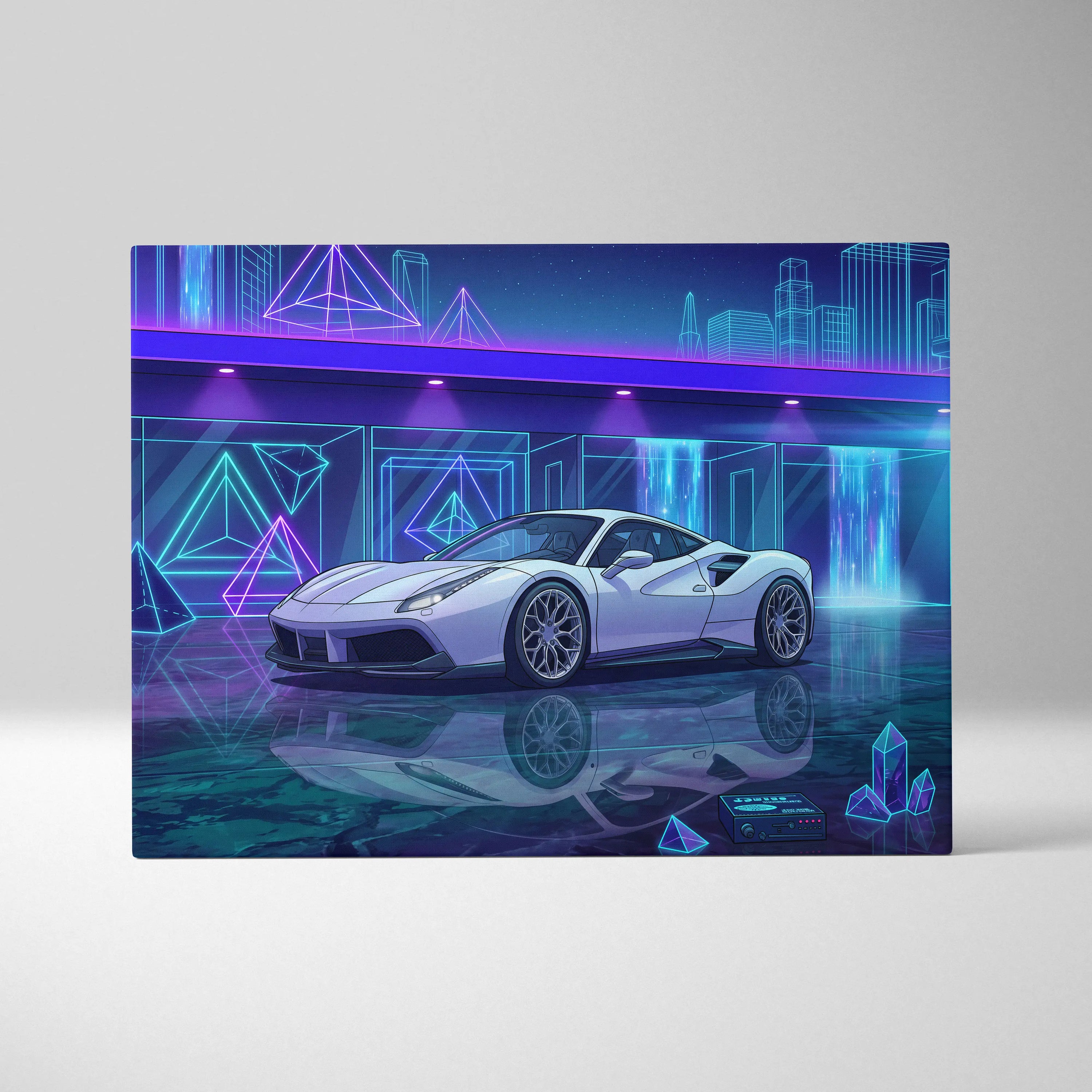 Ferrari 488 Inspired White Purple Canvas Wall Art Vaporwave Supercar Artwork Neon Crystal Garage Decor Retro Futuristic City Print