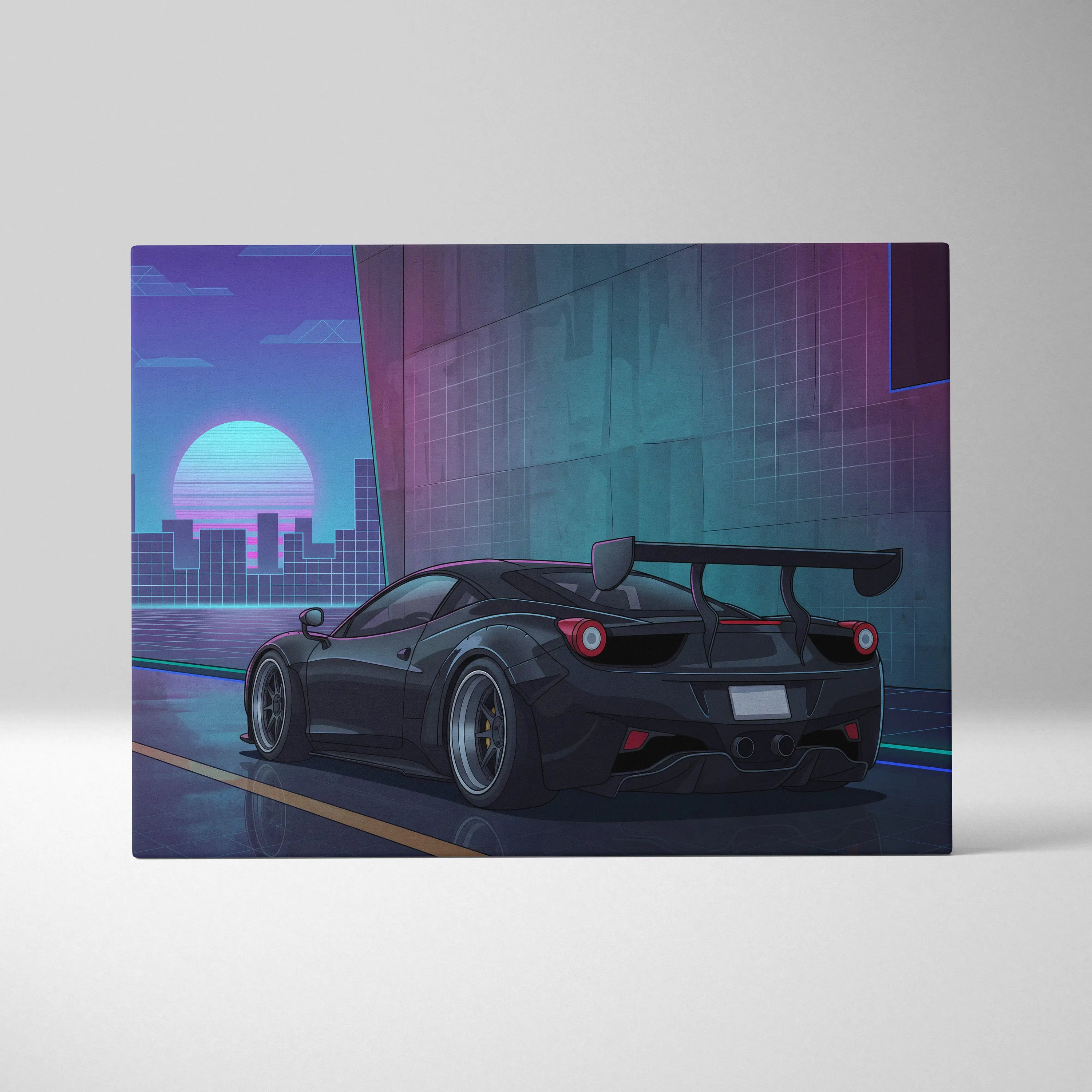 Ferrari 458 Inspired Black Purple Canvas Wall Art, Vaporwave Widebody Supercar Artwork, Neon City Garage Decor, Retro Futuristic Exotic Print