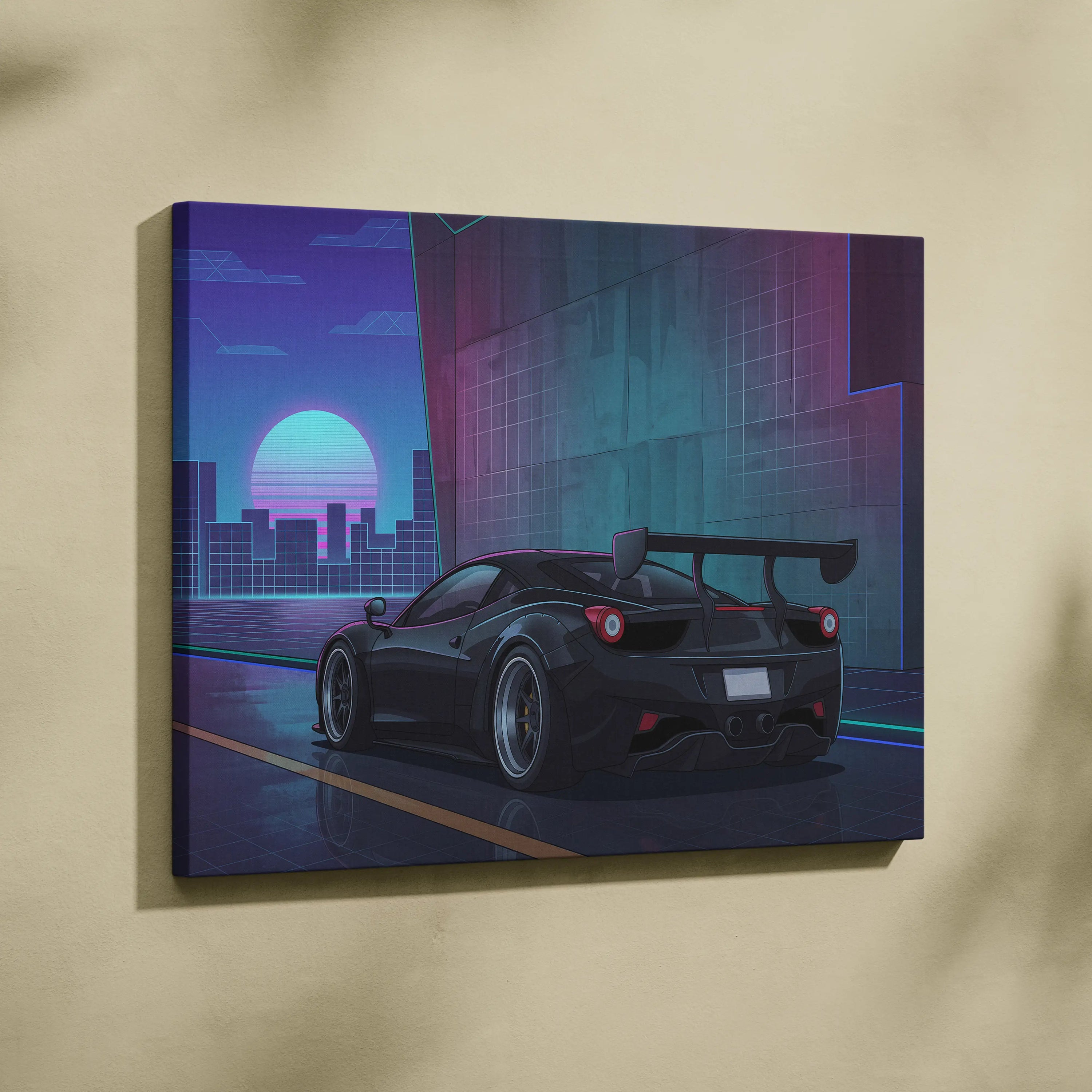 Ferrari 458 Inspired Black Purple Canvas Wall Art, Vaporwave Widebody Supercar Artwork, Neon City Garage Decor, Retro Futuristic Exotic Print