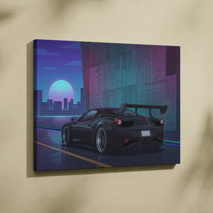Ferrari 458 Inspired Black Purple Canvas Wall Art, Vaporwave Widebody Supercar Artwork, Neon City Garage Decor, Retro Futuristic Exotic Print