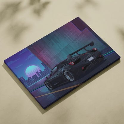 Ferrari 458 Inspired Black Purple Canvas Wall Art, Vaporwave Widebody Supercar Artwork, Neon City Garage Decor, Retro Futuristic Exotic Print