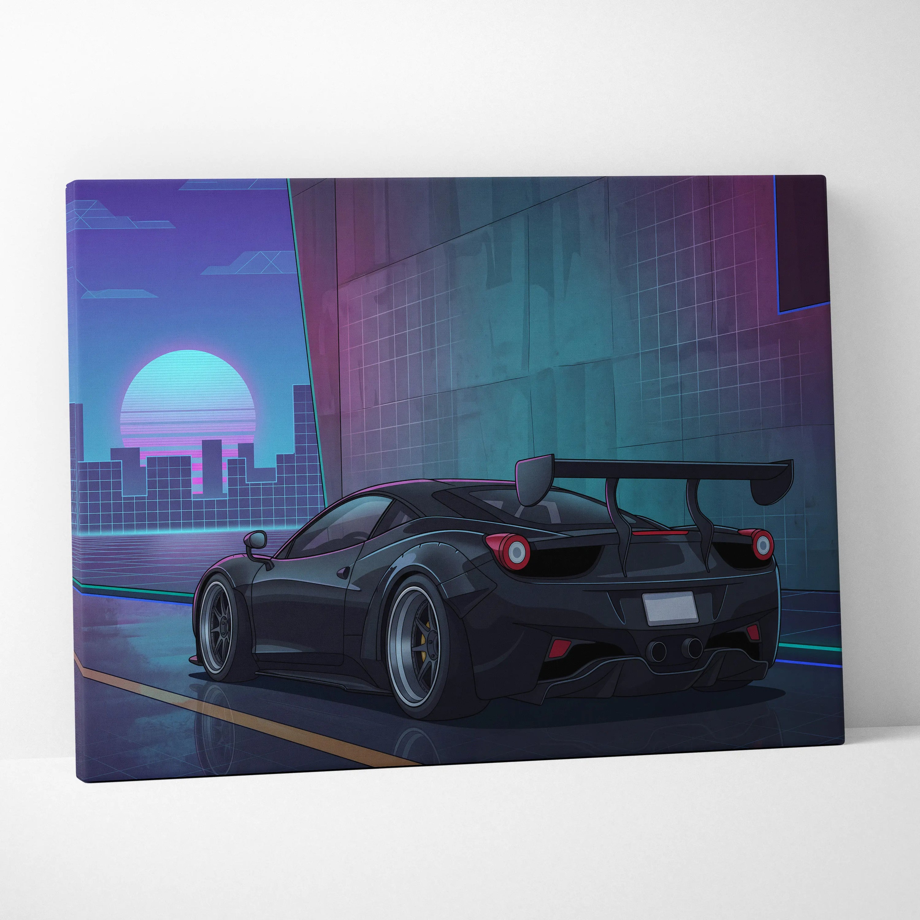 Ferrari 458 Inspired Black Purple Canvas Wall Art, Vaporwave Widebody Supercar Artwork, Neon City Garage Decor, Retro Futuristic Exotic Print