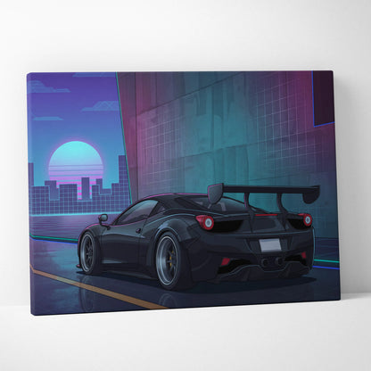 Ferrari 458 Inspired Black Purple Canvas Wall Art, Vaporwave Widebody Supercar Artwork, Neon City Garage Decor, Retro Futuristic Exotic Print