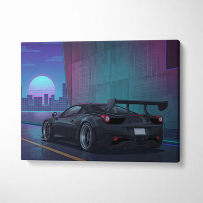 Ferrari 458 Inspired Black Purple Canvas Wall Art, Vaporwave Widebody Supercar Artwork, Neon City Garage Decor, Retro Futuristic Exotic Print