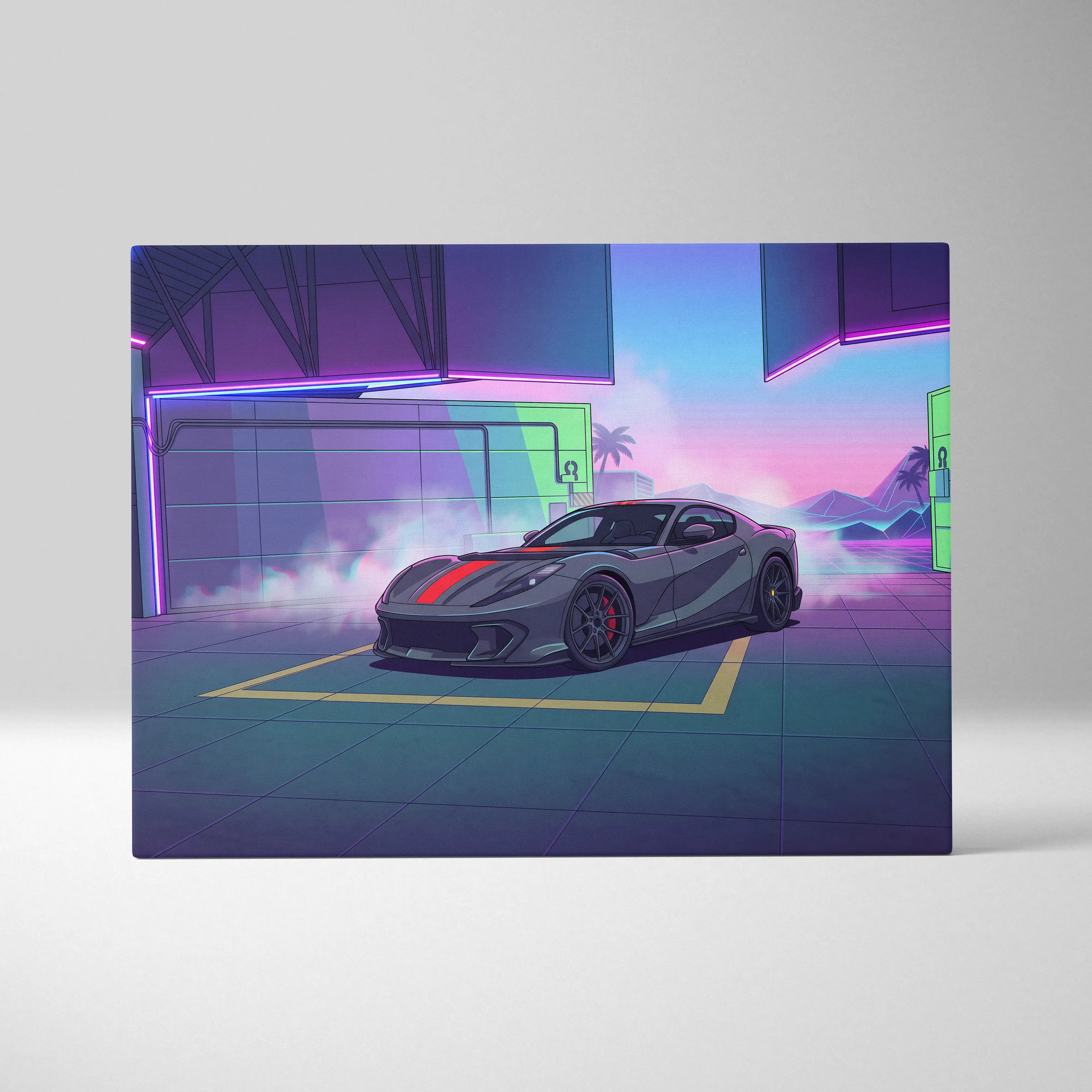 Ferrari 812 competizione inspired gray red canvas wall art featuring neon-lit garage sports car with red stripes and black rims