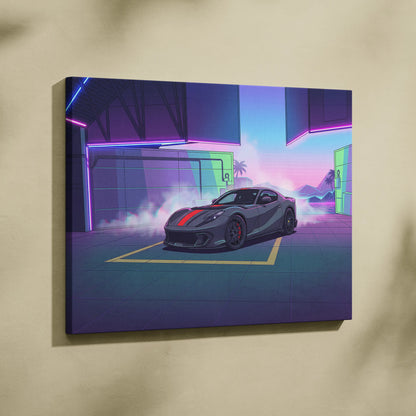 Ferrari 812 Competizione Inspired Gray Red Canvas Wall Art, Vaporwave Supercar Artwork, Neon Garage Decor, Retro Futuristic Exotic Print
