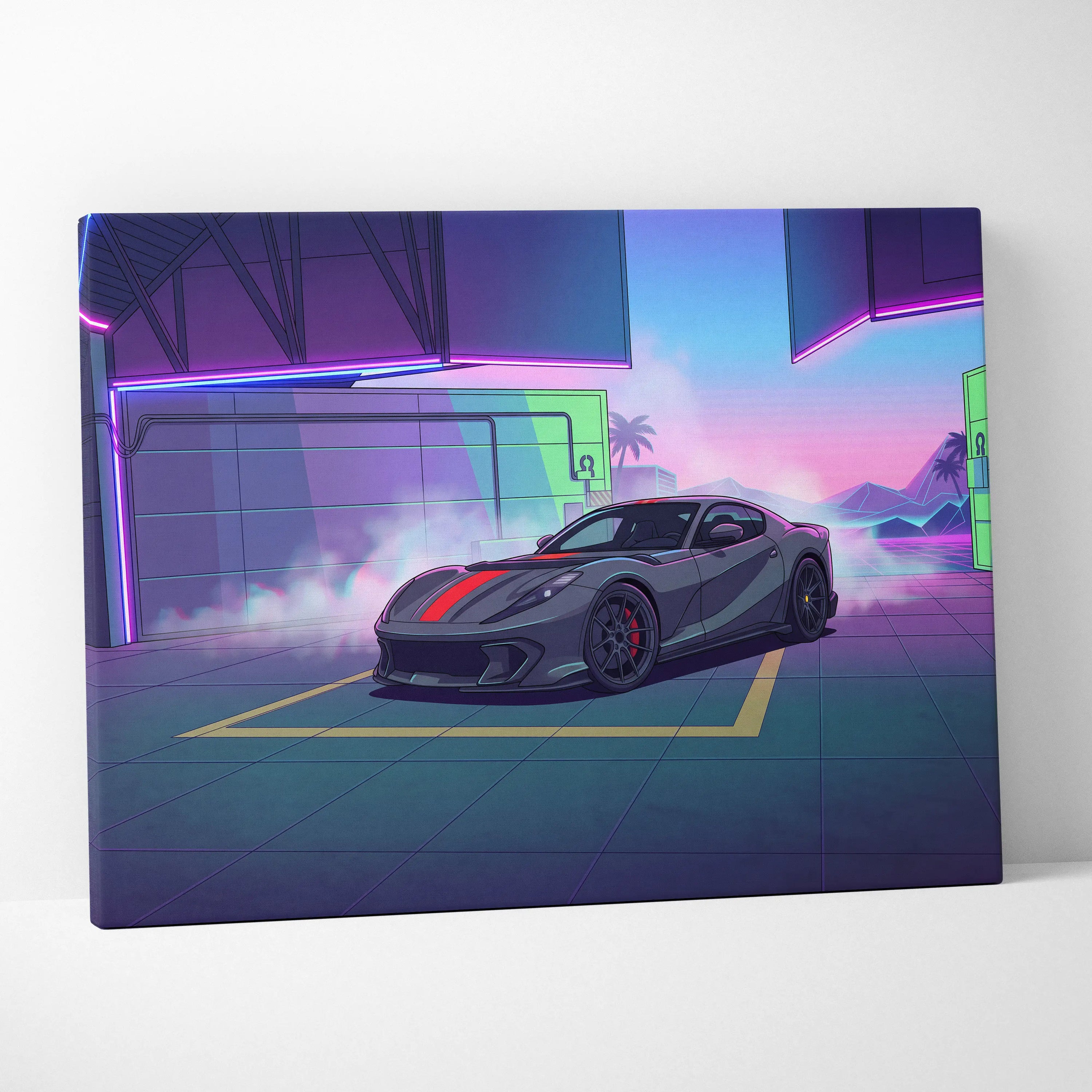 Ferrari 812 Competizione Inspired Gray Red Canvas Wall Art, Vaporwave Supercar Artwork, Neon Garage Decor, Retro Futuristic Exotic Print