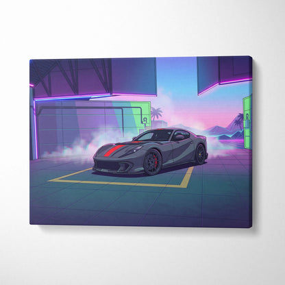 Ferrari 812 Competizione Inspired Gray Red Canvas Wall Art, Vaporwave Supercar Artwork, Neon Garage Decor, Retro Futuristic Exotic Print